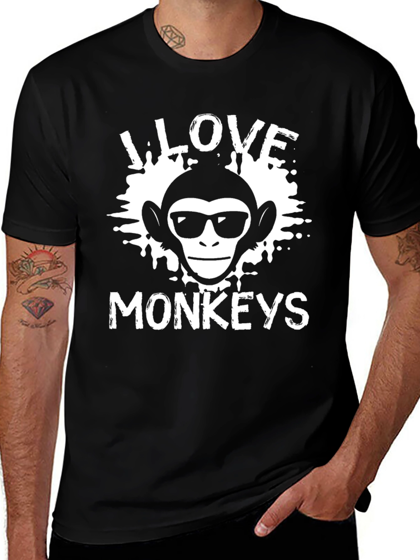 Variant 16 of I Love Monkeys T-Shirt, Black Cotton Graphic Tee