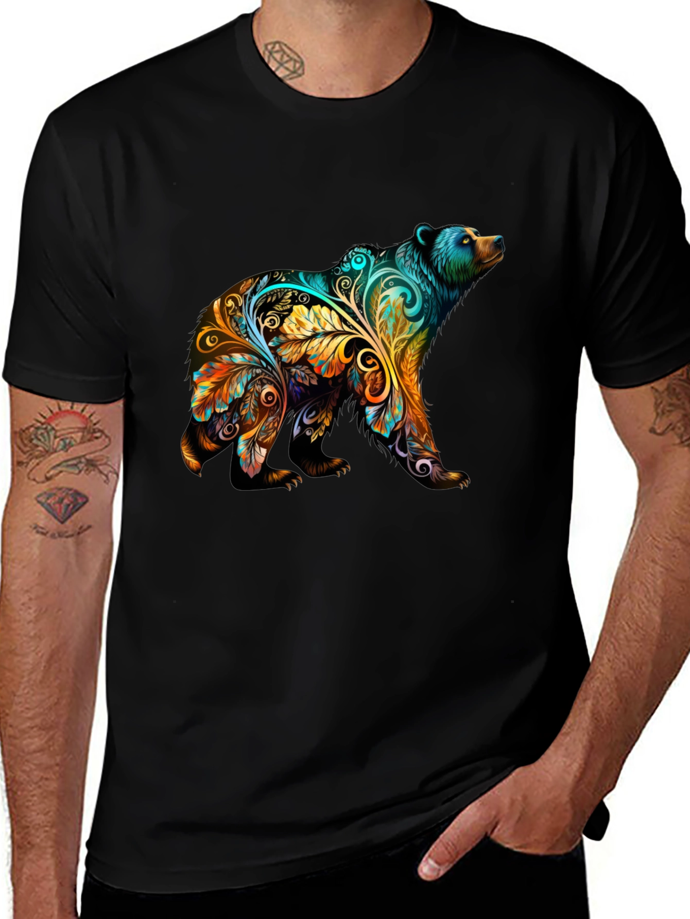Variant 23 of Artistic Bear Graphic Print Black T-Shirt