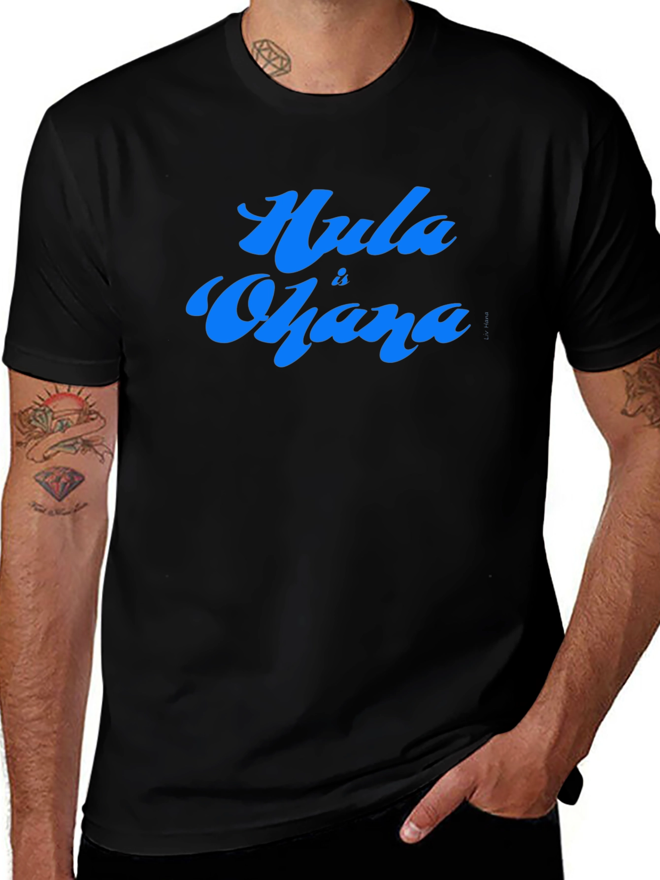 Hula is Ohana Blue Text Graphic Black Tee