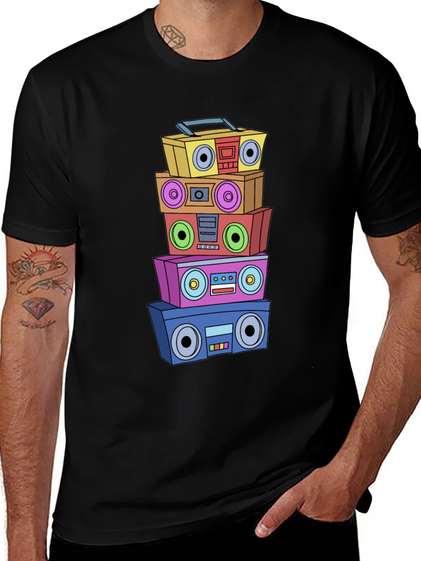 Variant 11 of Retro Stacked Boombox Graphic Tee - Black