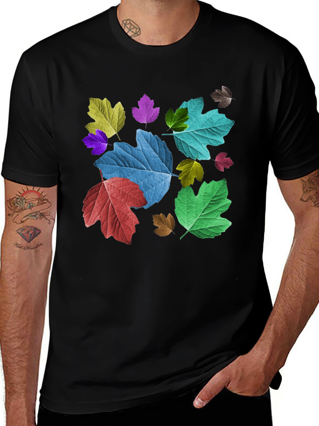 Variant 14 of Colorful Leaves Graphic Black T-Shirt