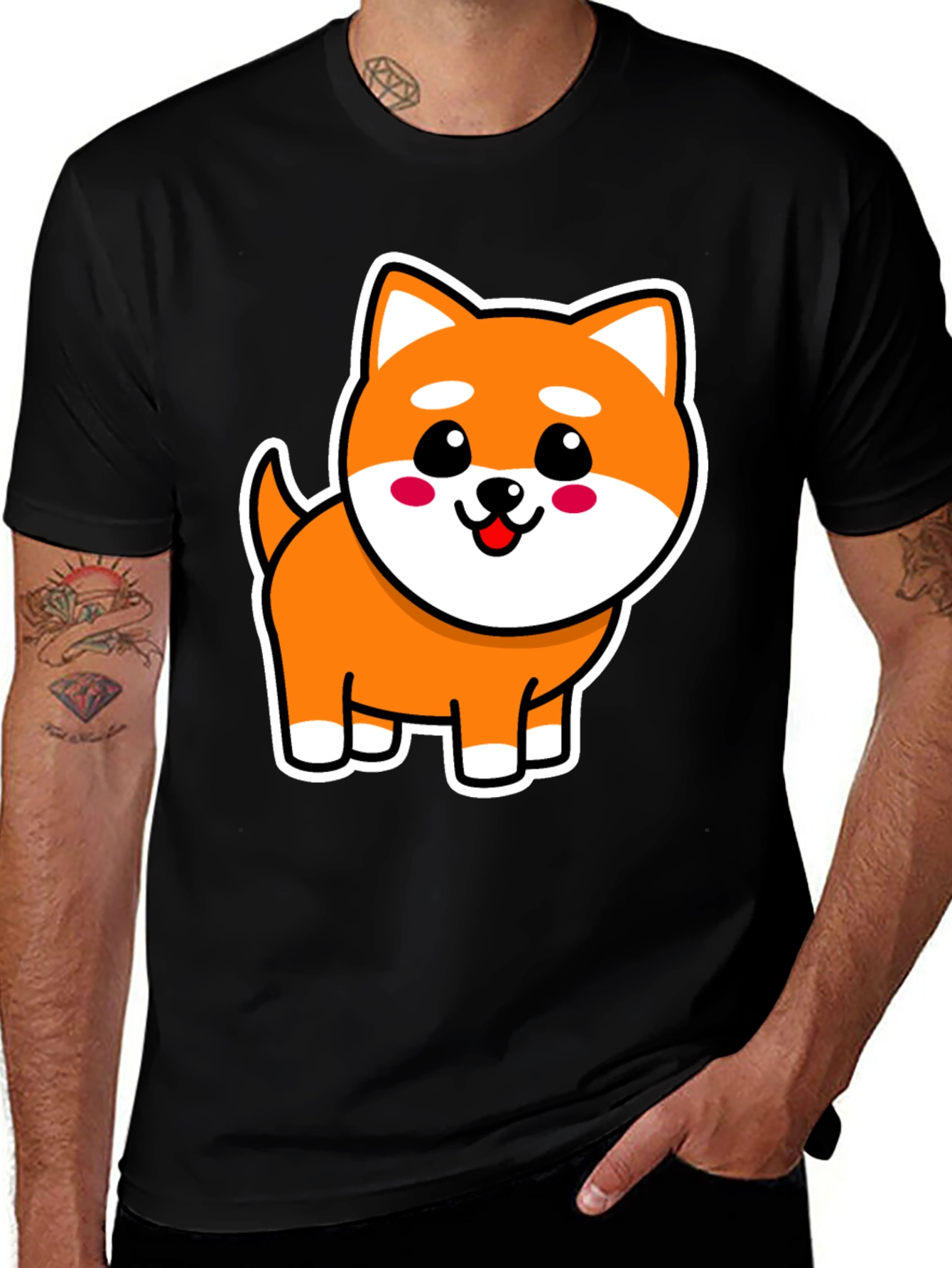 Cute Shiba Inu Dog Graphic Print Black T-Shirt