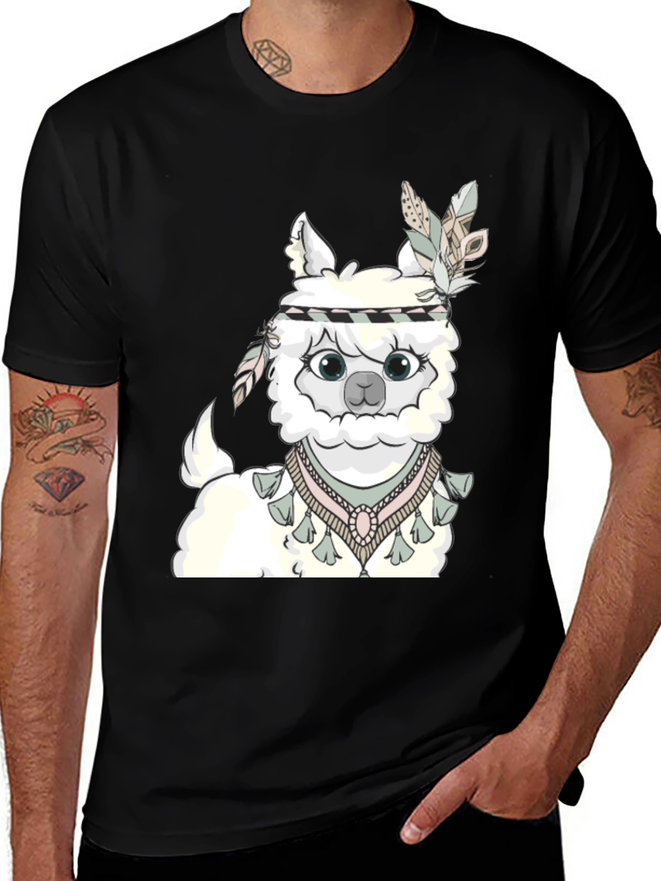 Variant 17 of Cute Alpaca T-Shirt with Feather Headdress - Unisex