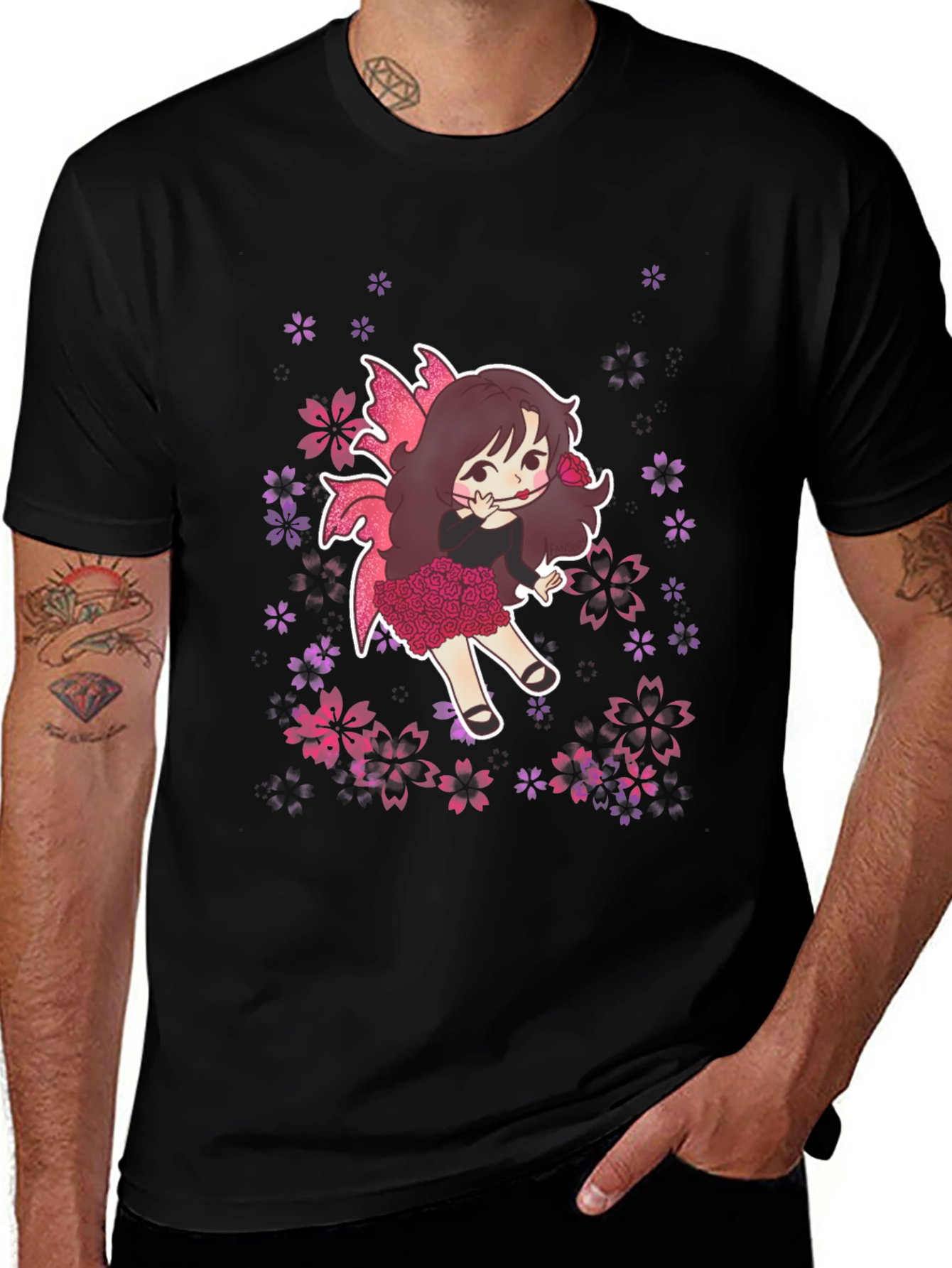 Variant 24 of Whimsical Fairy Graphic Tee - Black Cotton Blend
