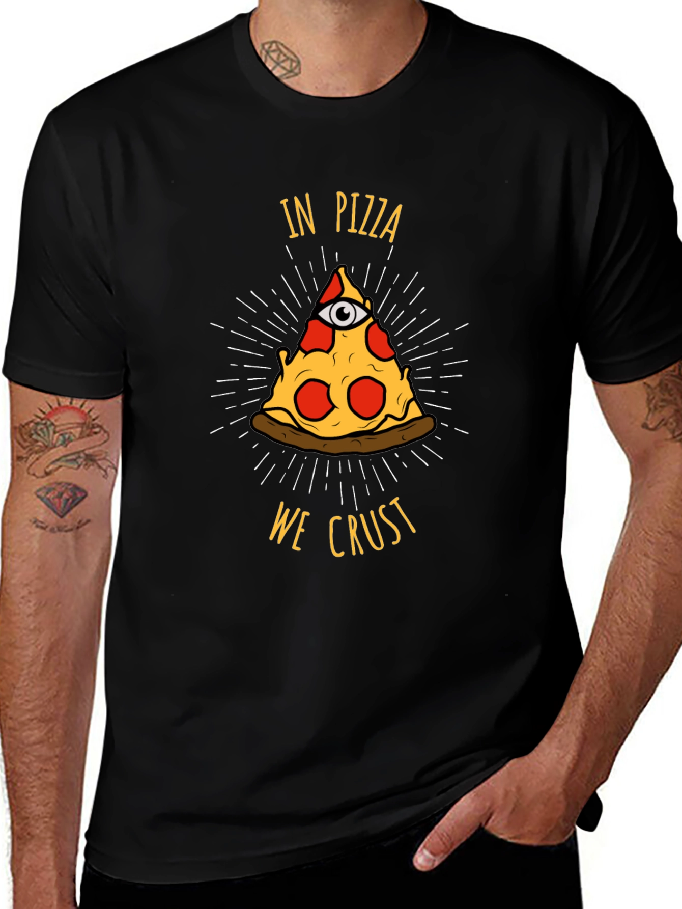 Variant 18 of Pizza Eye Graphic T-Shirt - "In Pizza We Crust"