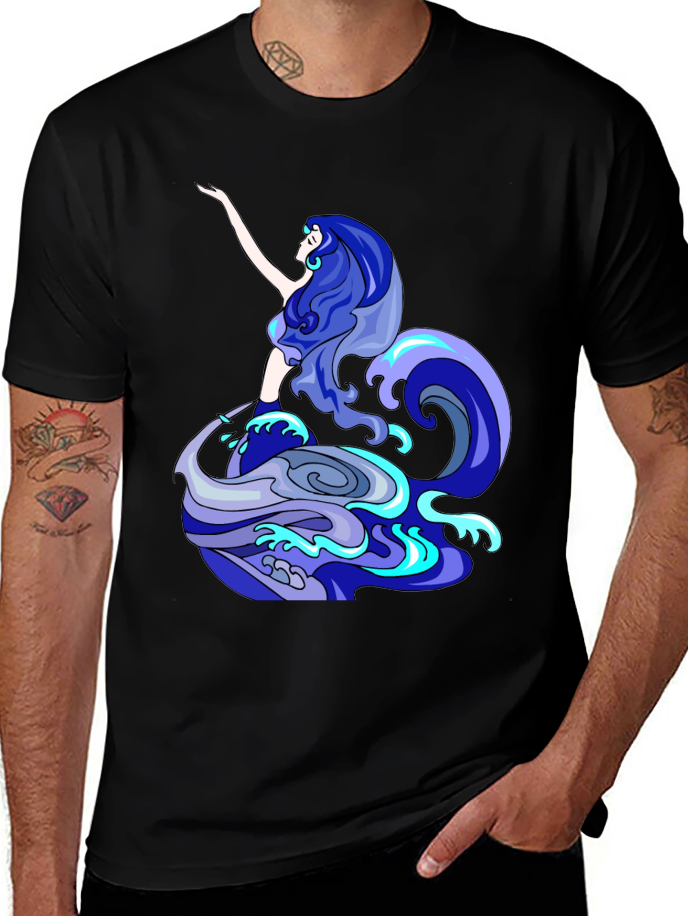 Variant 29 of Mermaid Wave Graphic Tee - Black Cotton Blend