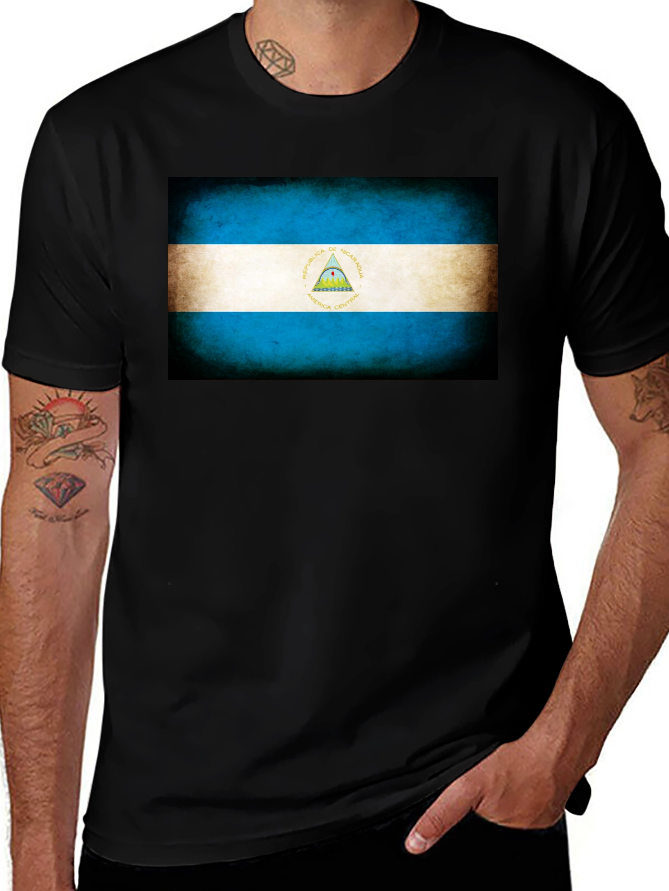 Variant 4 of Nicaragua Flag Graphic Tee - Black Cotton Blend