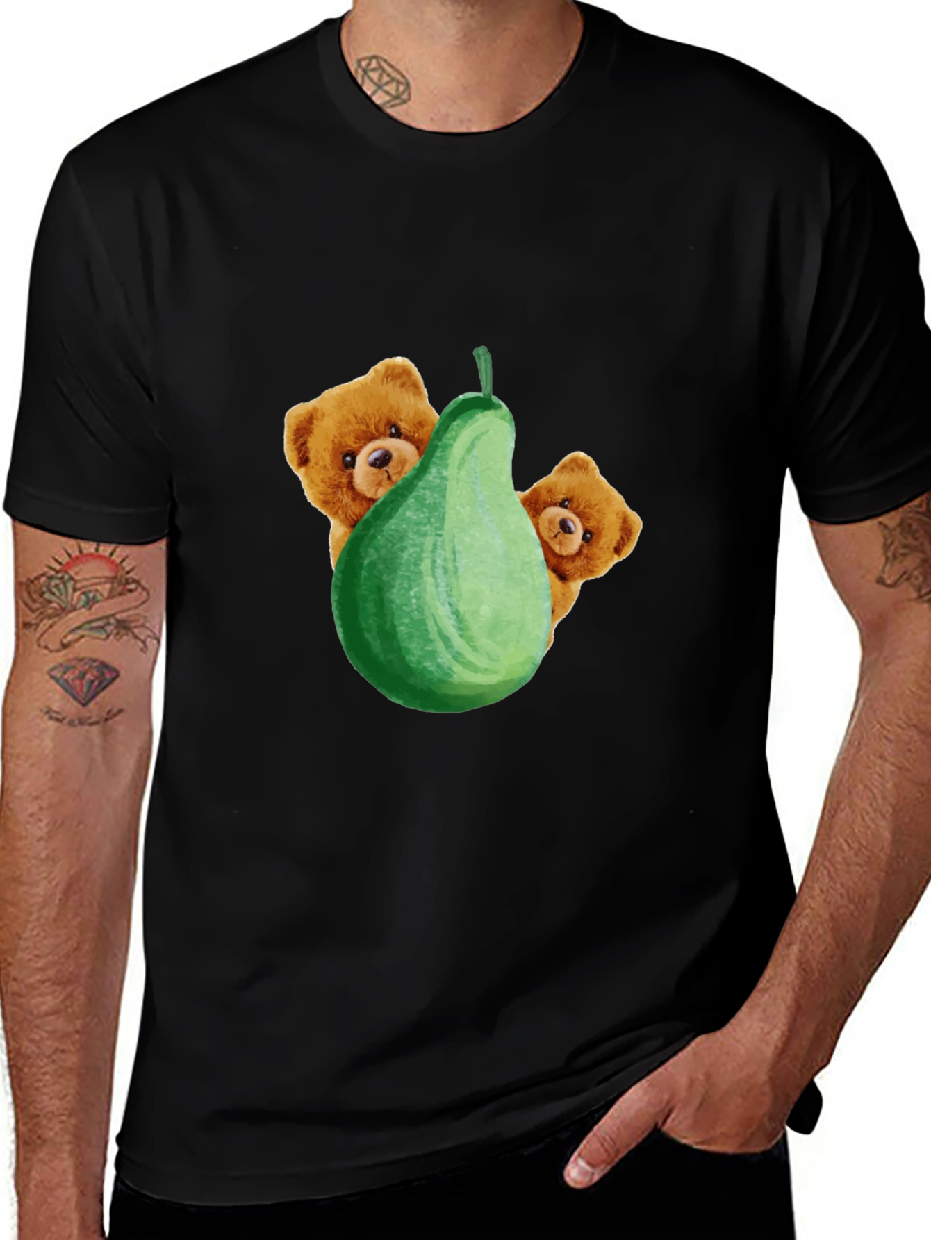 Cute Bear & Pear Black Graphic Tee
