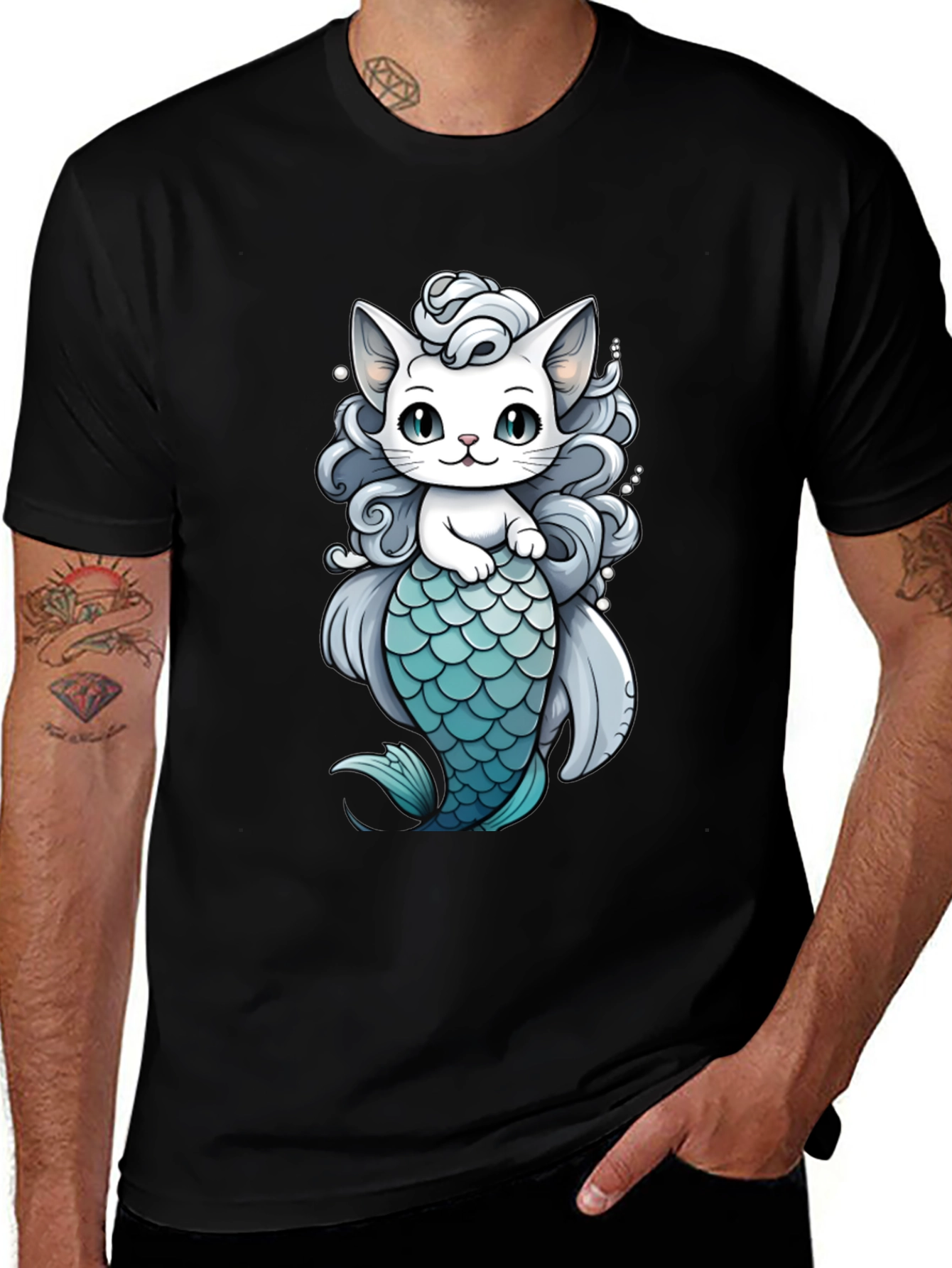 Variant 21 of Mermaid Cat Graphic Tee - Black