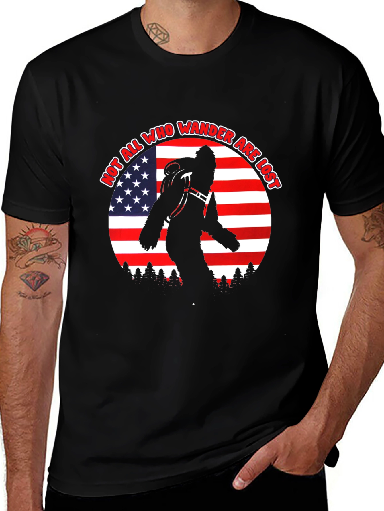 Sasquatch Wanderer T-Shirt - USA Flag Graphic Tee