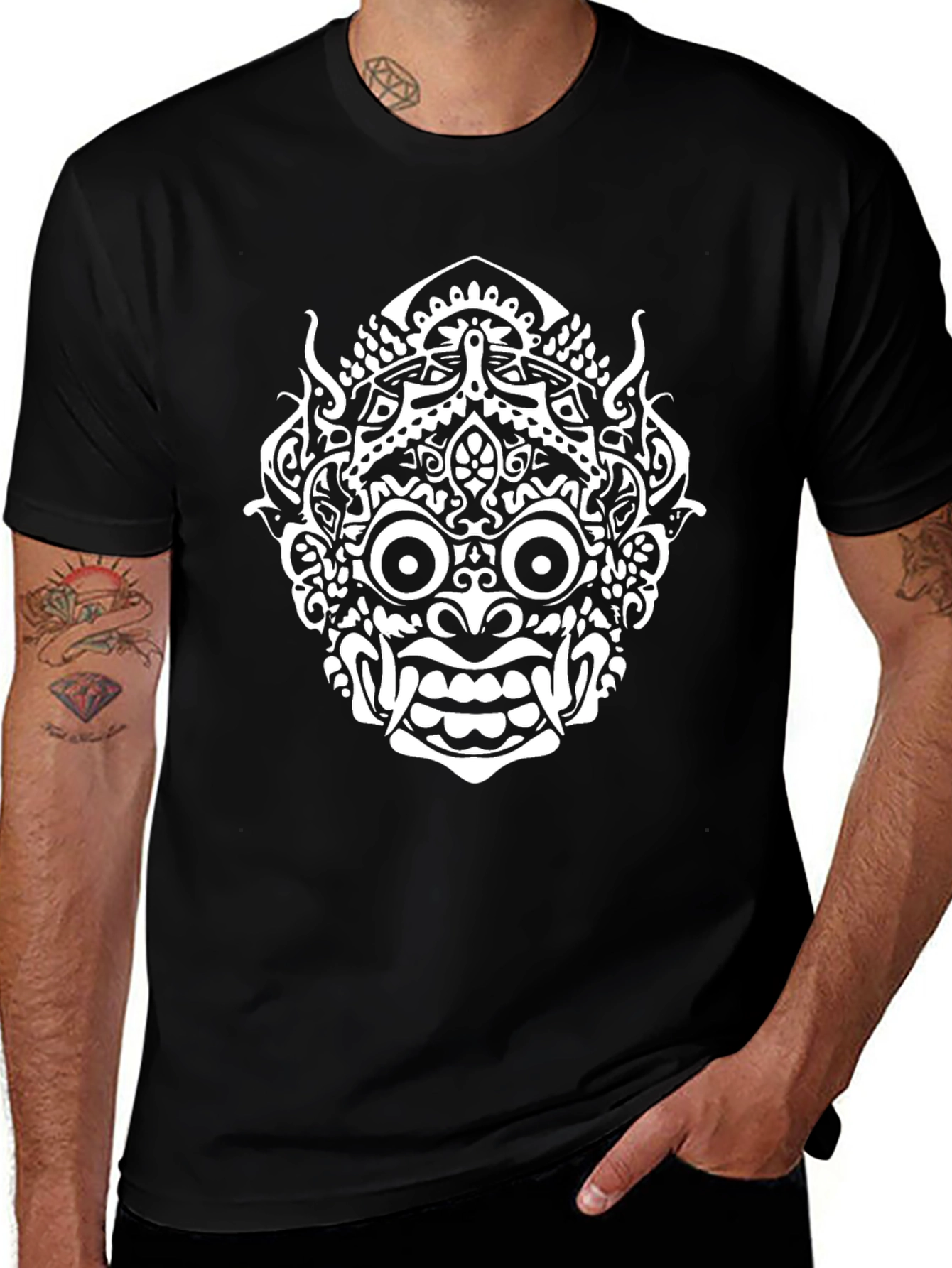 Black T-Shirt with White Demon Mask Print