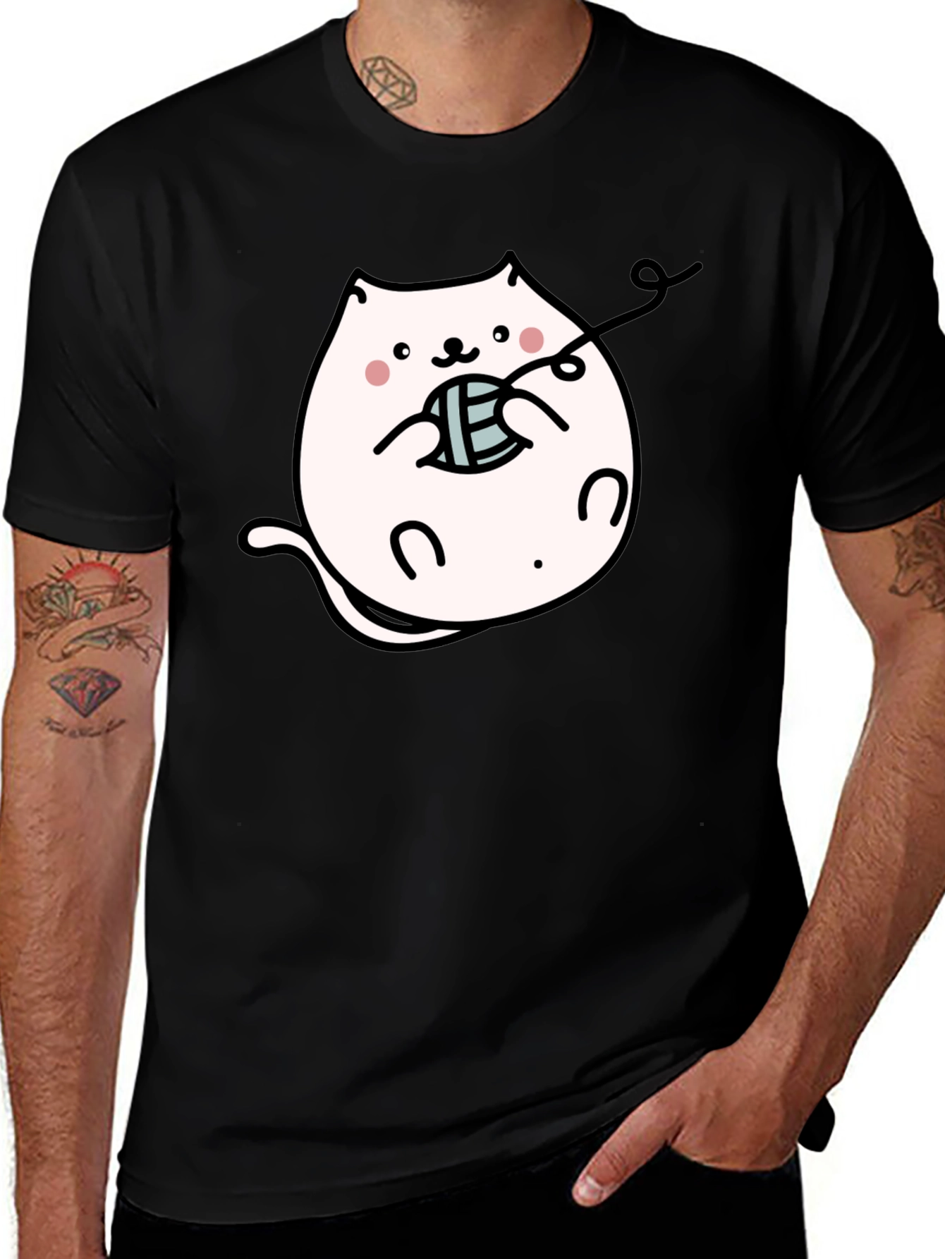 Variant 3 of Cute Cat with Yarn Ball Black T-Shirt