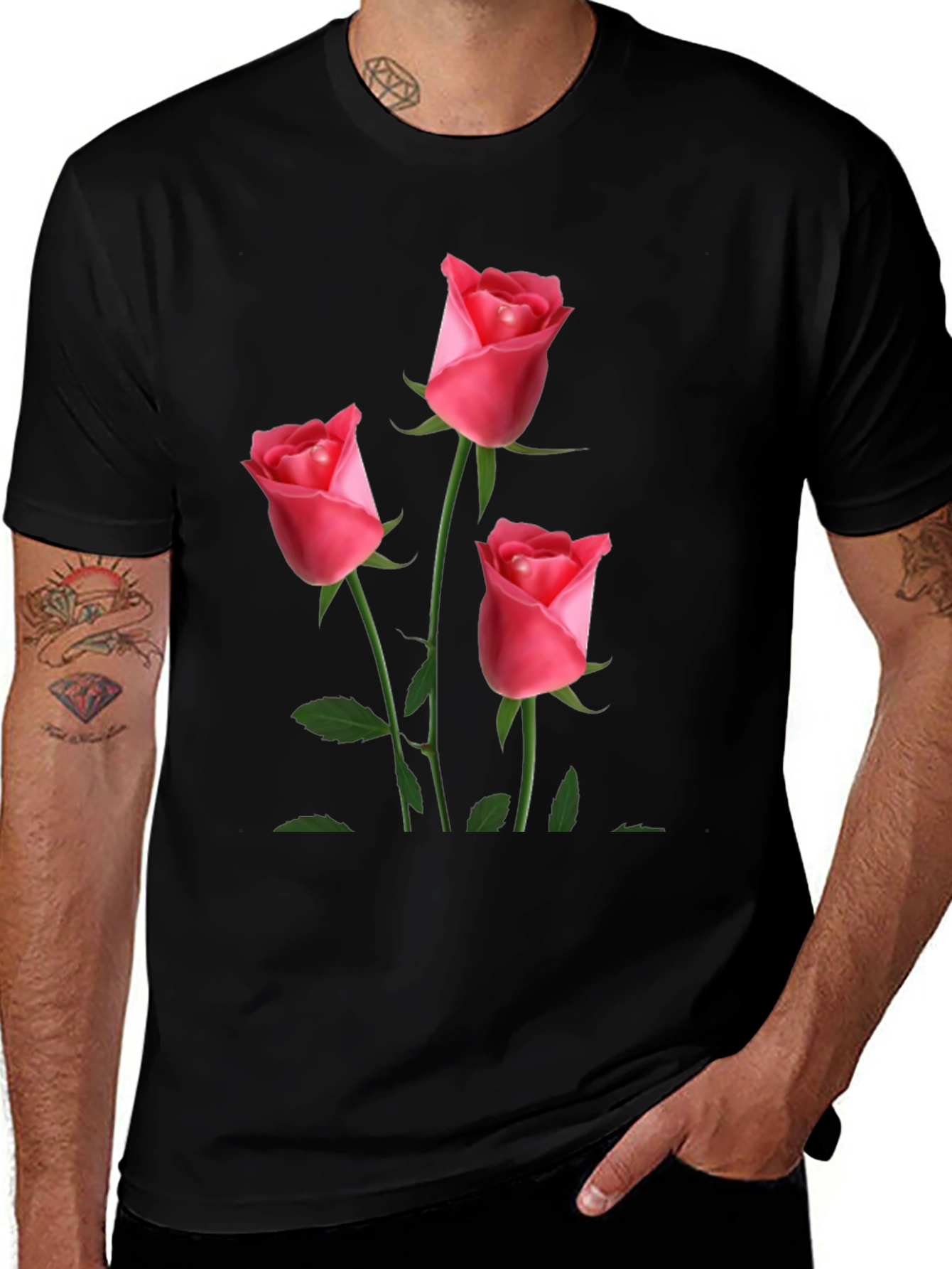 Variant 27 of Men's Black T-Shirt with Rose Design