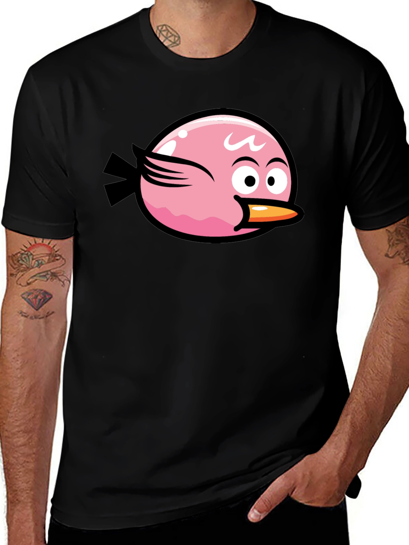 Pink Bird Cartoon Graphic Black T-Shirt