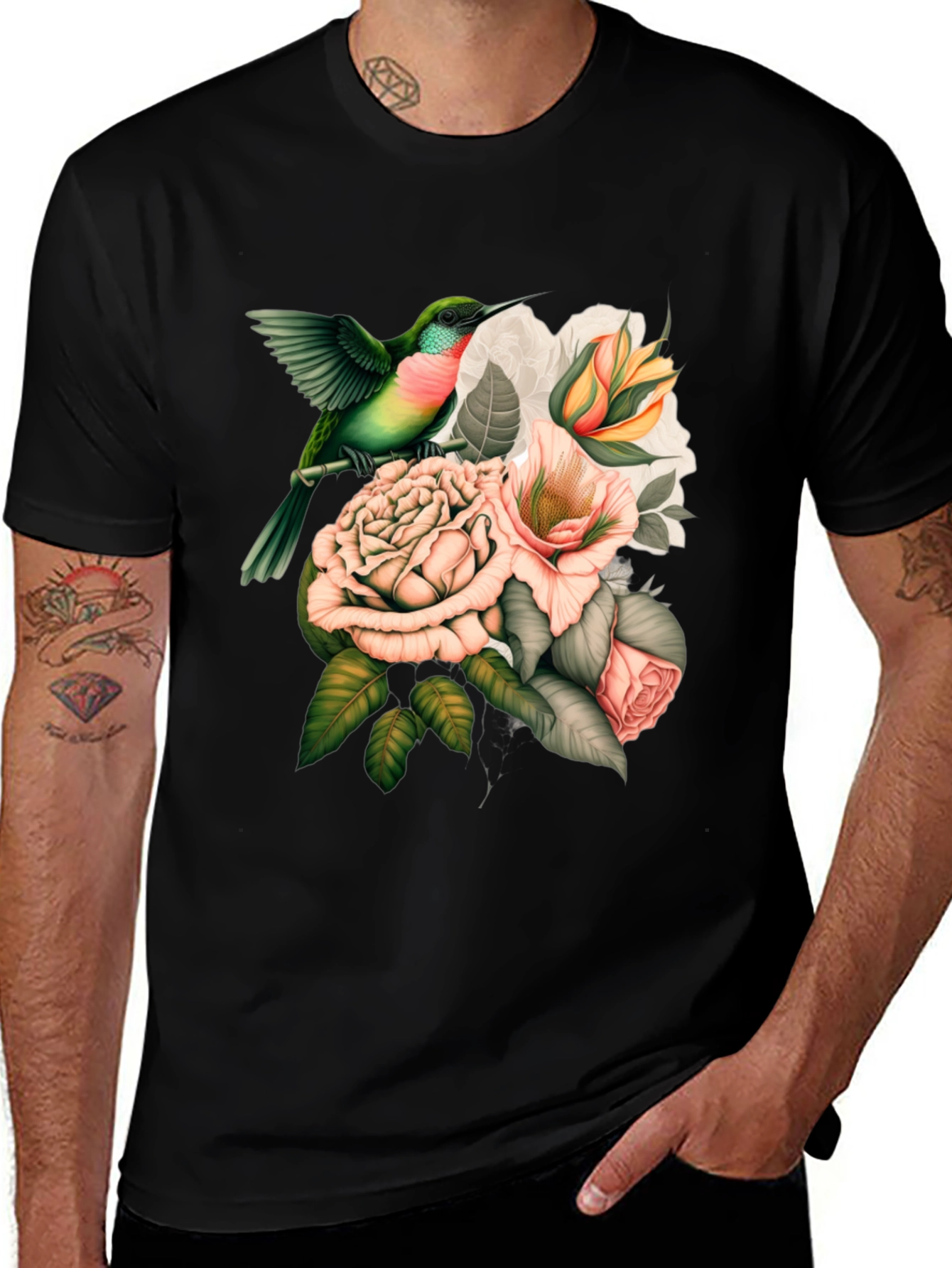 Variant 18 of Hummingbird and Floral Graphic Tee - Stylish Comfort