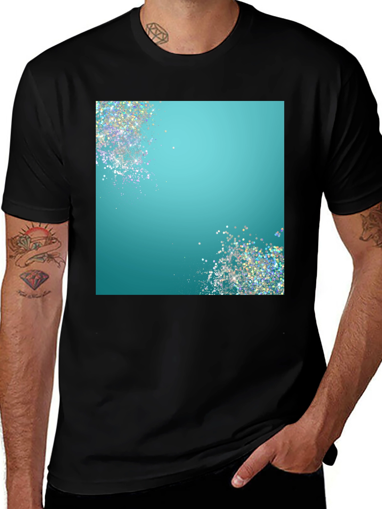 Variant 18 of Teal Sparkle Graphic Black T-Shirt