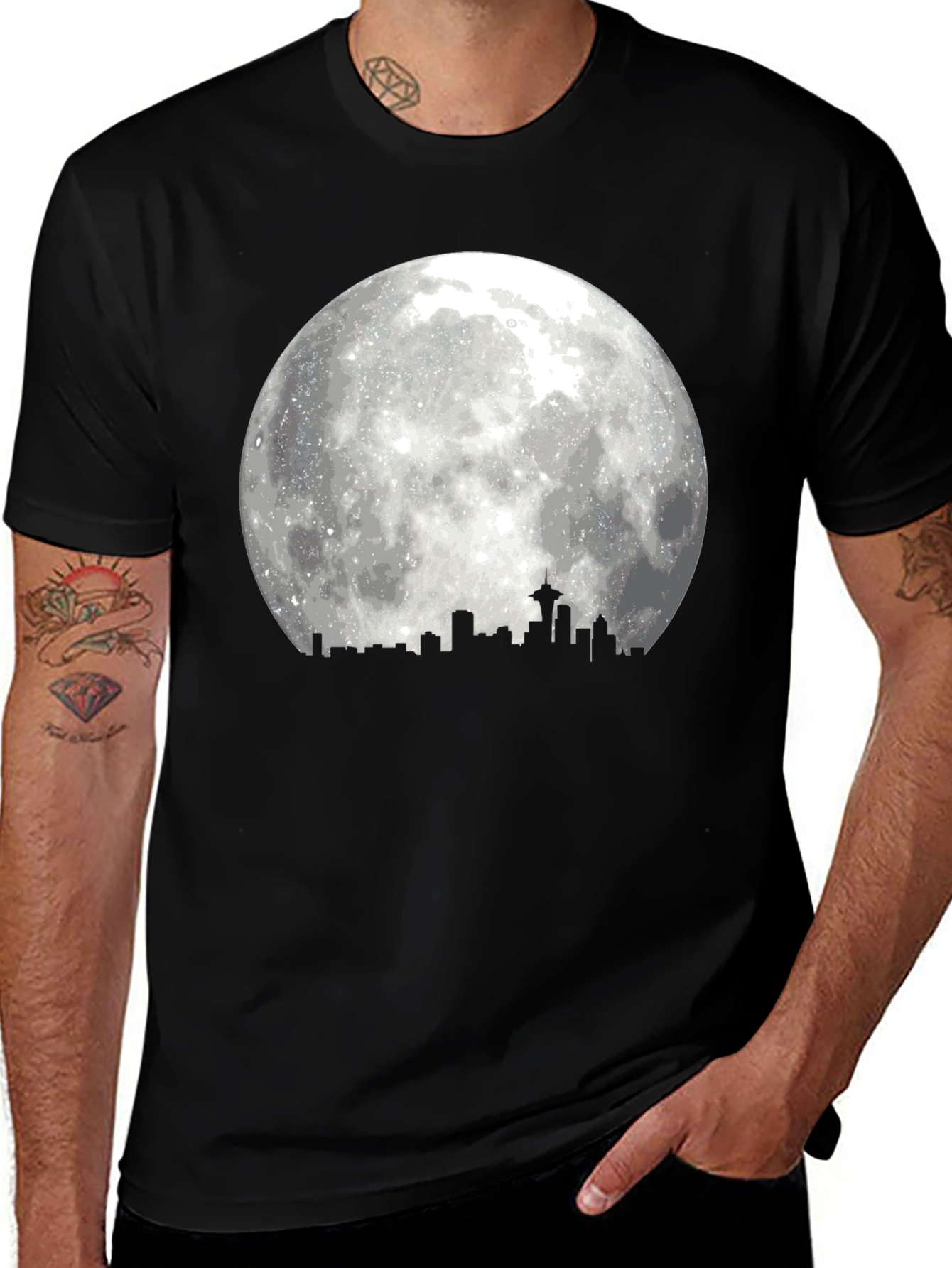 Seattle Skyline Moon T-Shirt - Black Graphic Tee