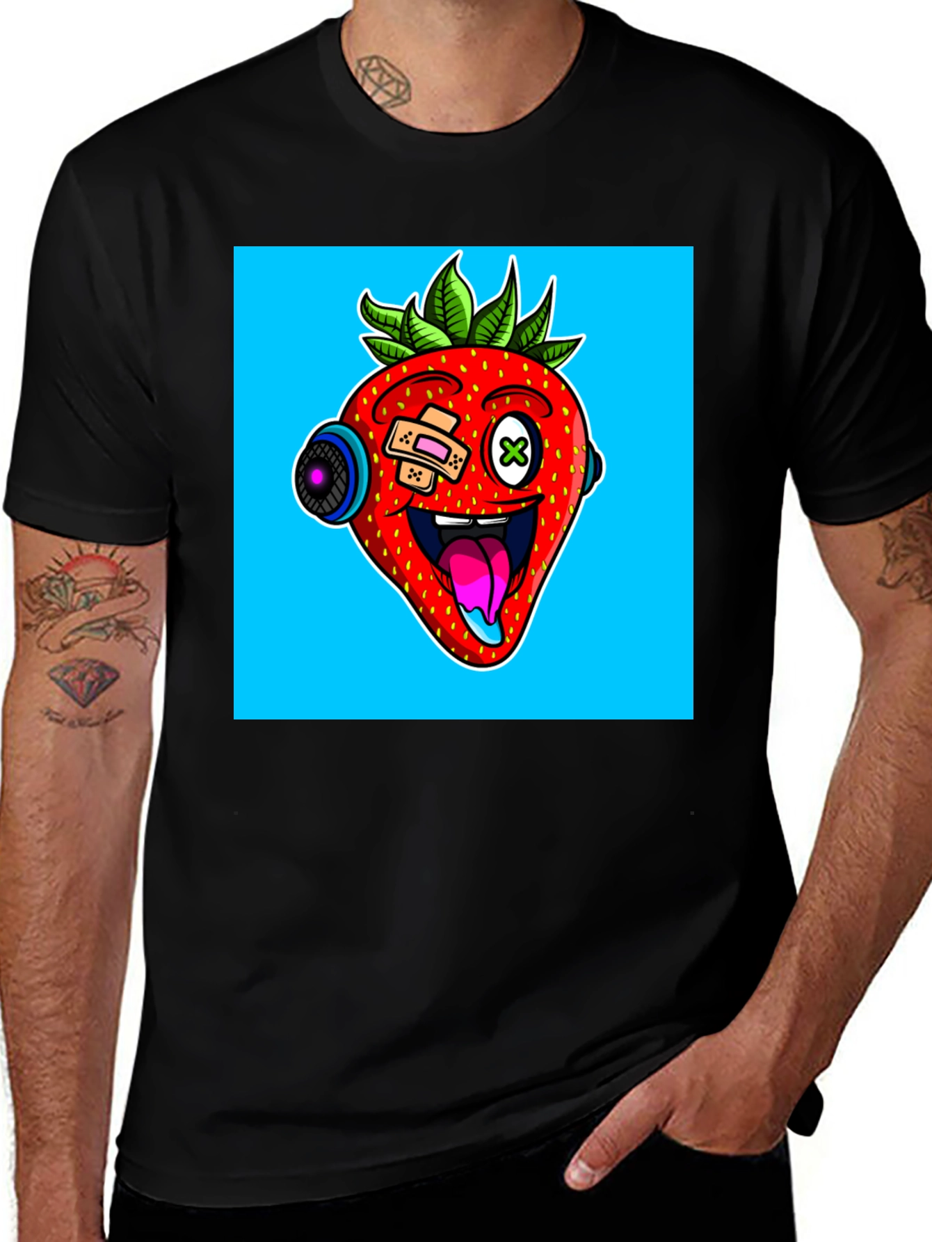 Cyber Strawberry Graphic Print Black T-Shirt