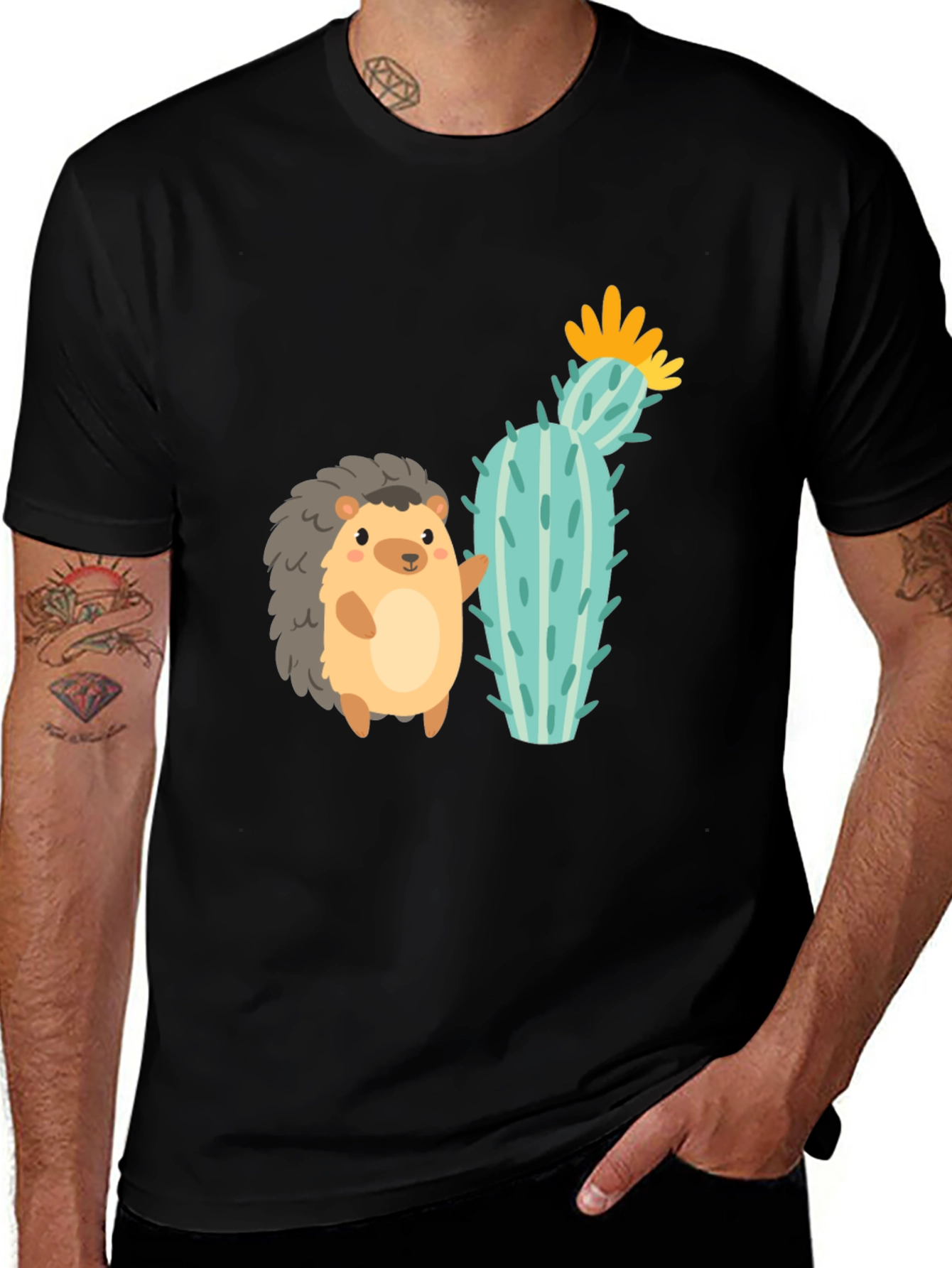 Variant 17 of Cute Hedgehog & Cactus Graphic Tee - Unisex Black T-Shirt