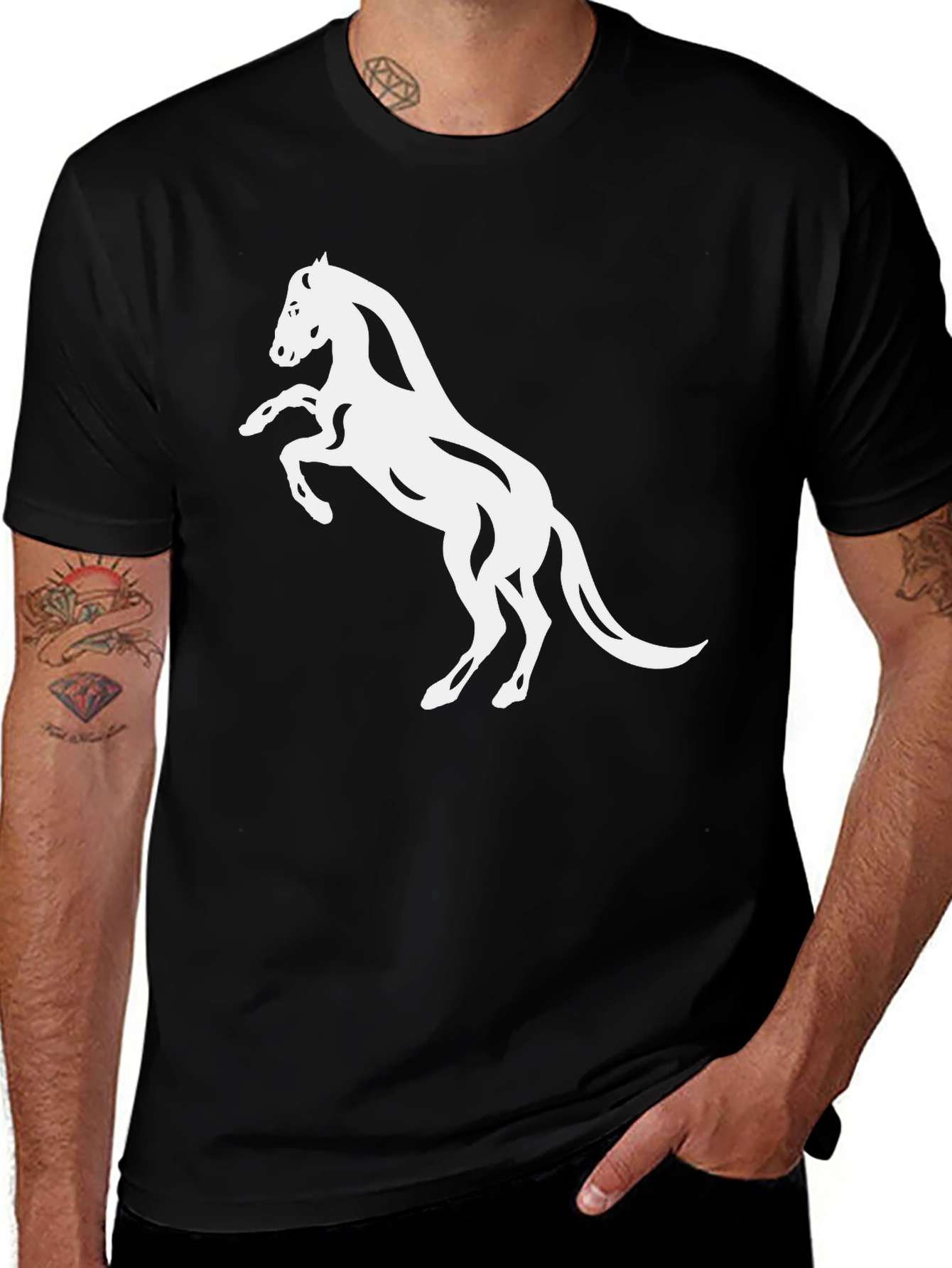 Black T-Shirt with White Horse Design