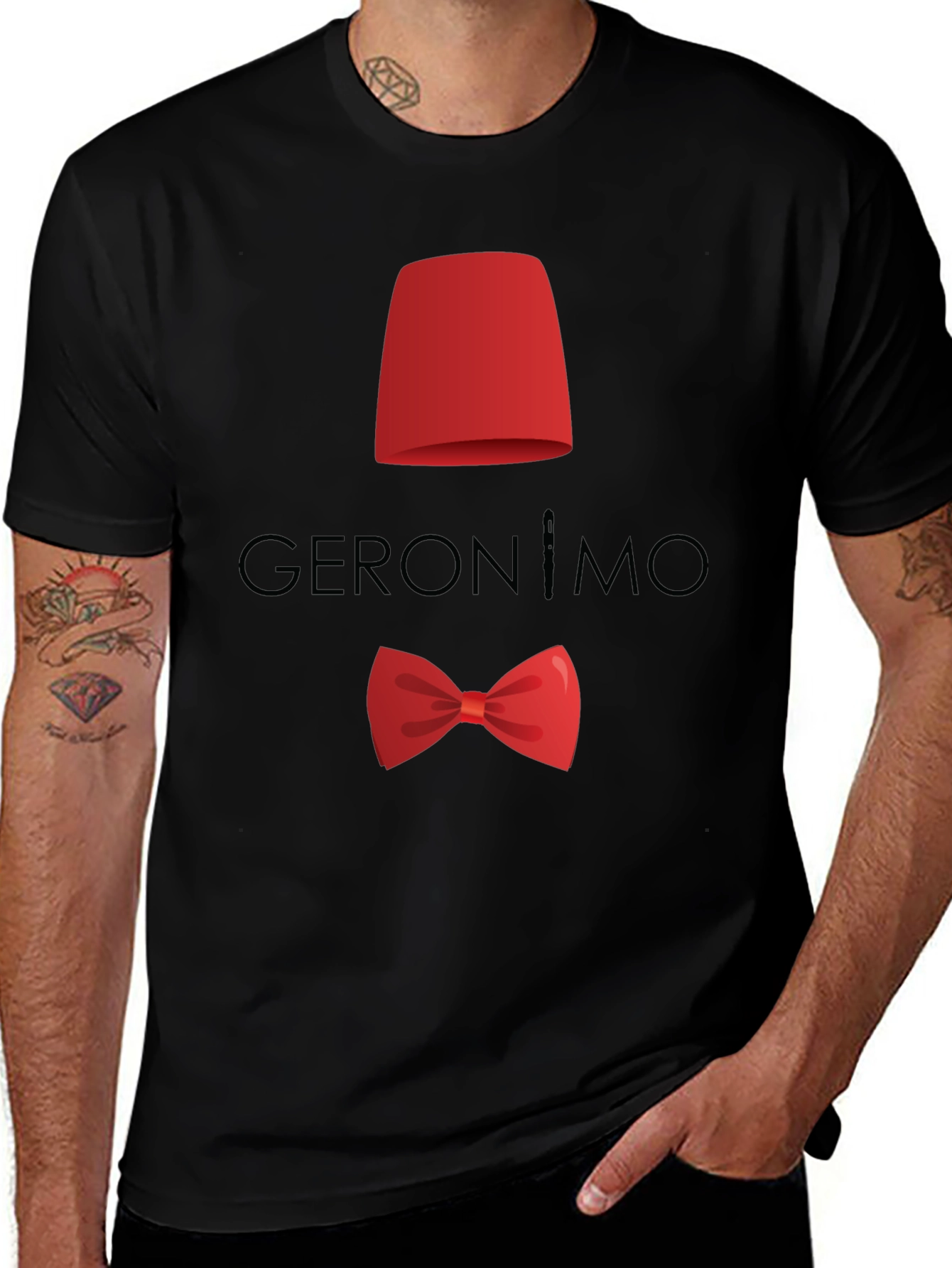 Variant 28 of Geronimo T-Shirt: Red Fez & Bow Tie Design
