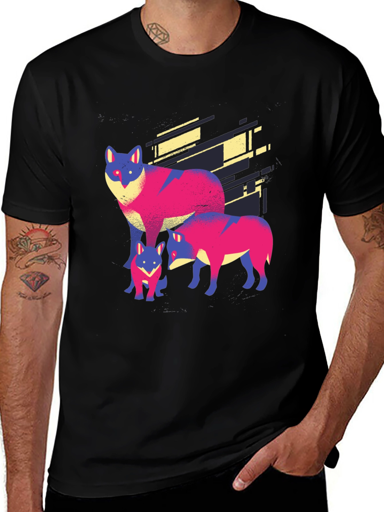 Abstract Wolf Family Graphic Print Black T-Shirt