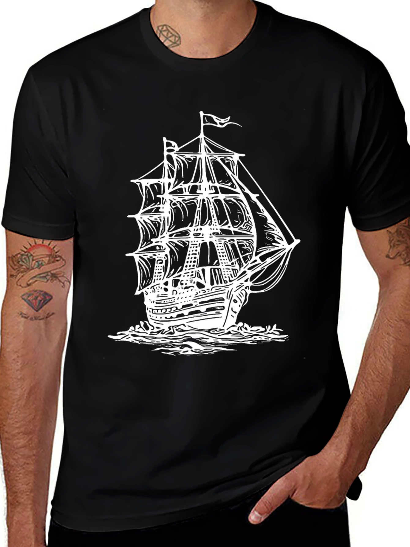 Variant 4 of Nautical Ship Graphic Tee - Black Cotton T-Shirt