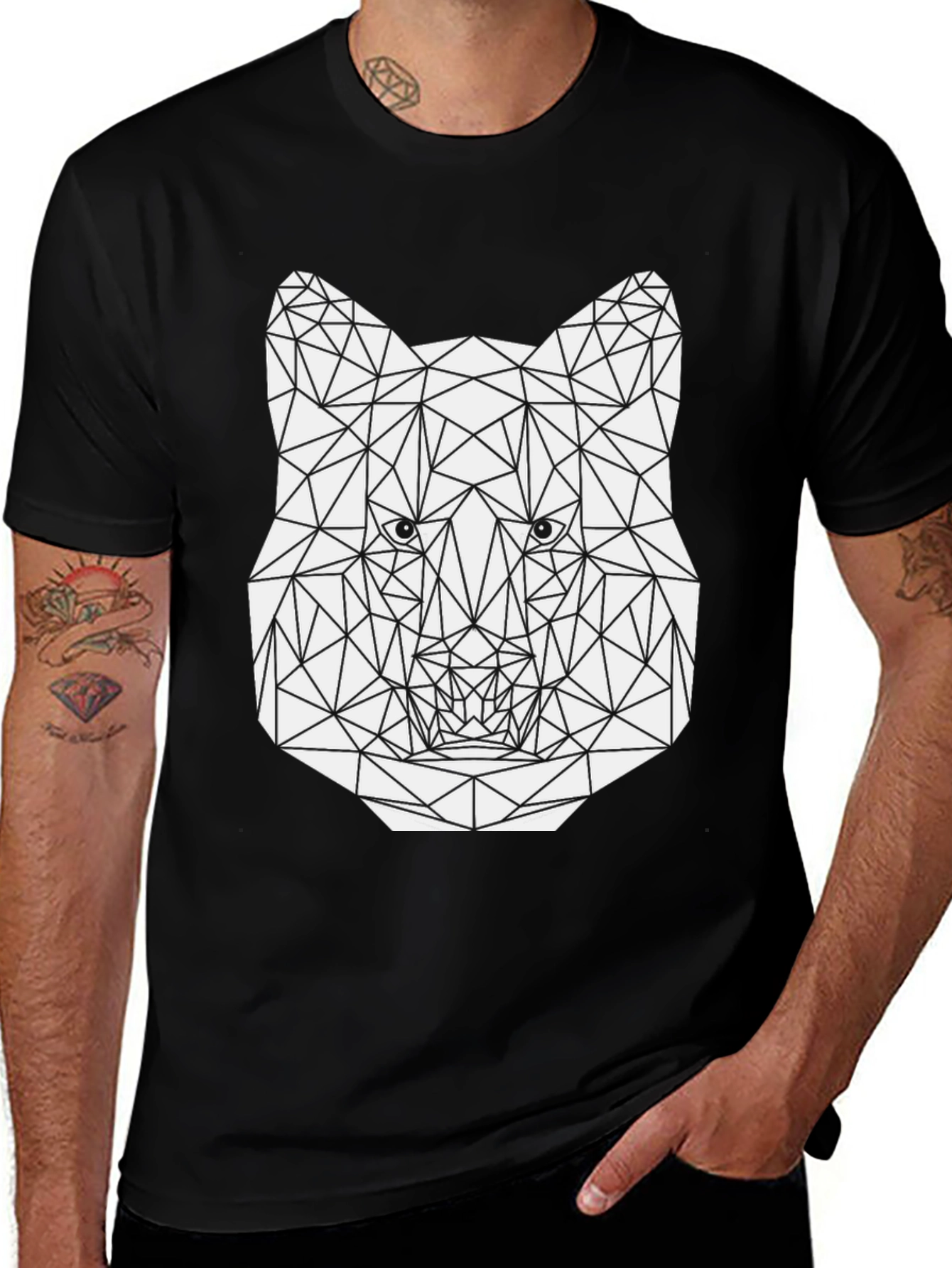 Variant 29 of Geometric Wolf Graphic Tee - Stylish Men's Black T-Shirt