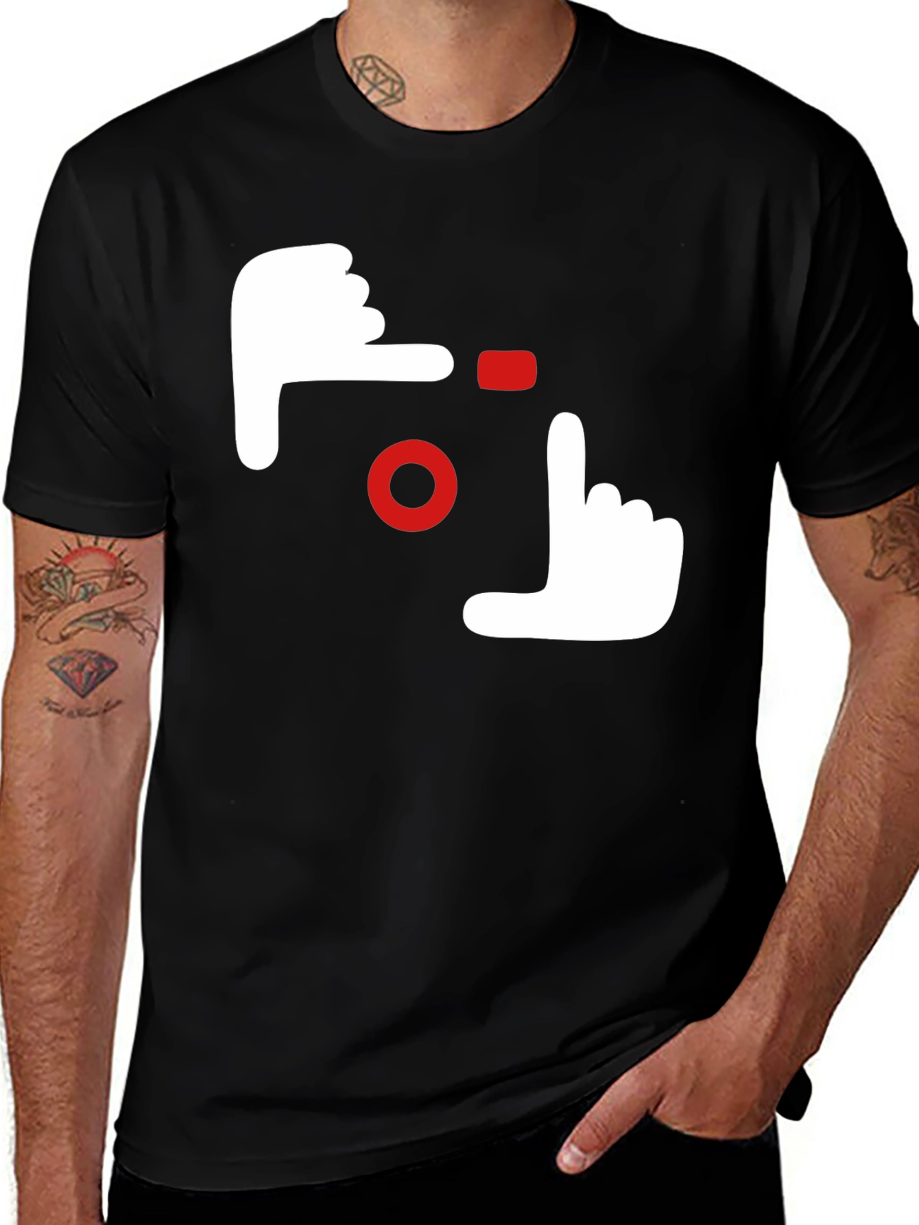 Variant 2 of Camera Hands Gesture Graphic Tee - Black Cotton Casual