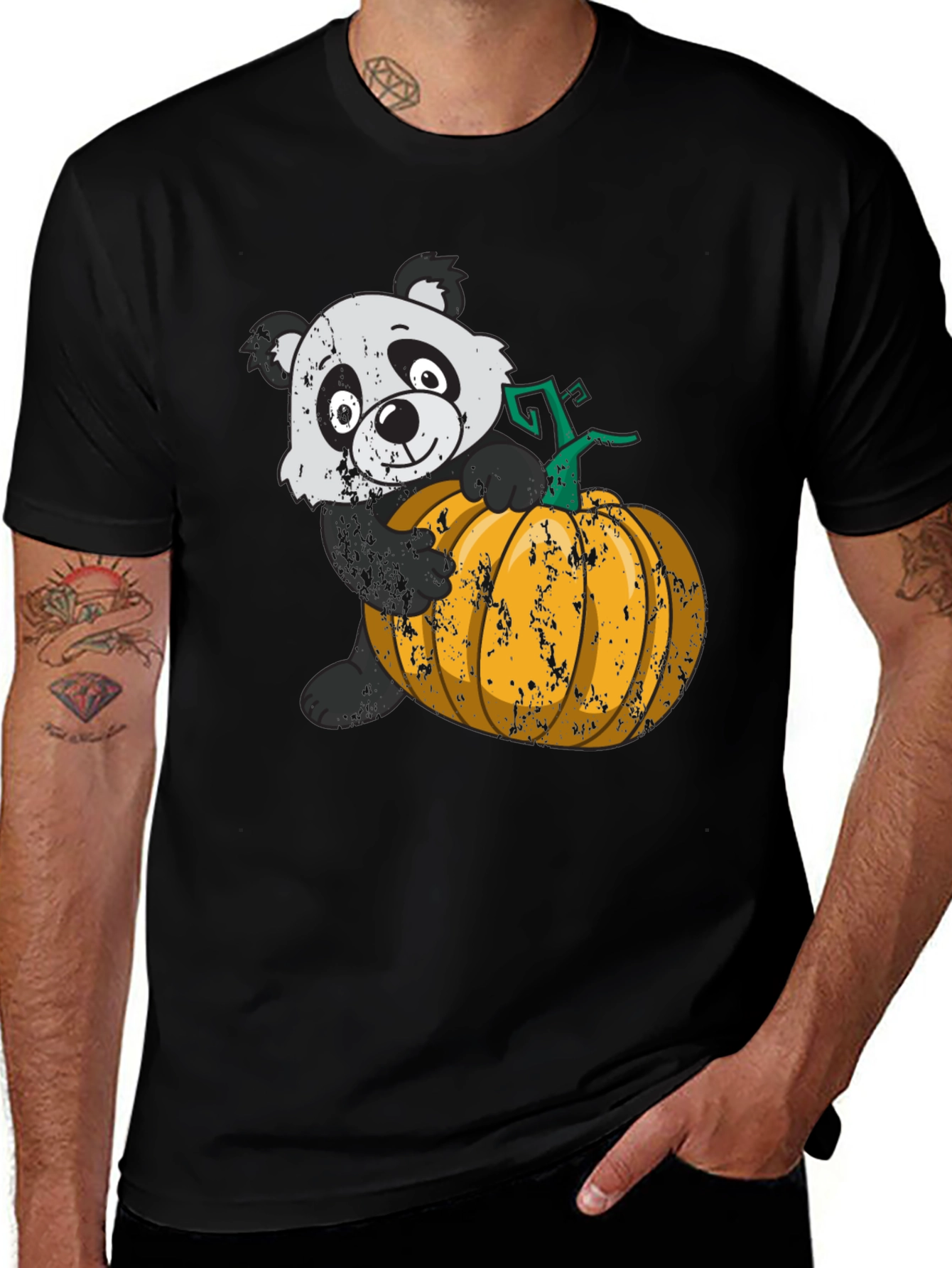 Variant 26 of Panda Hugging Pumpkin Graphic Tee - Black