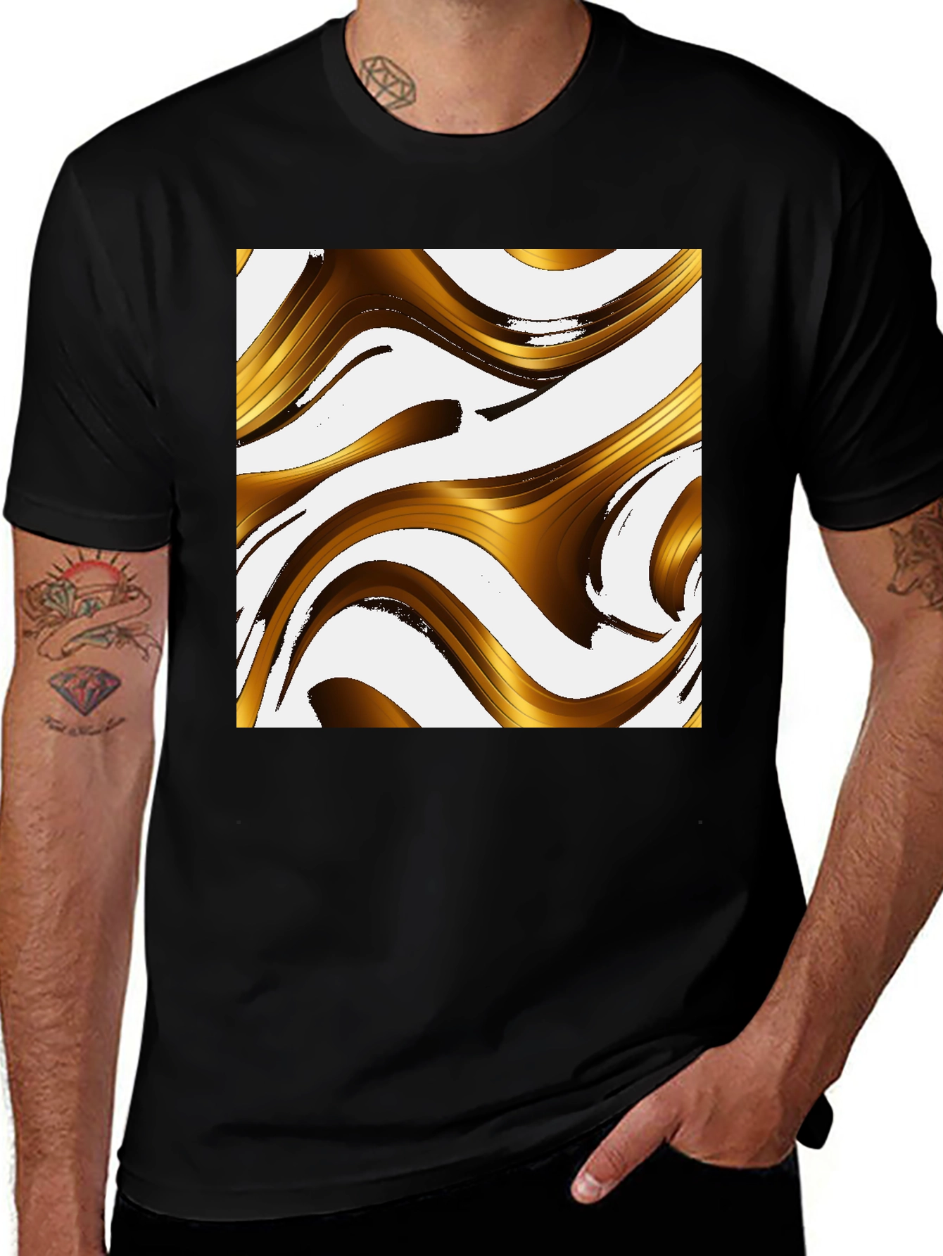 Variant 6 of Stylish Black Tee with Abstract Gold Wave Design