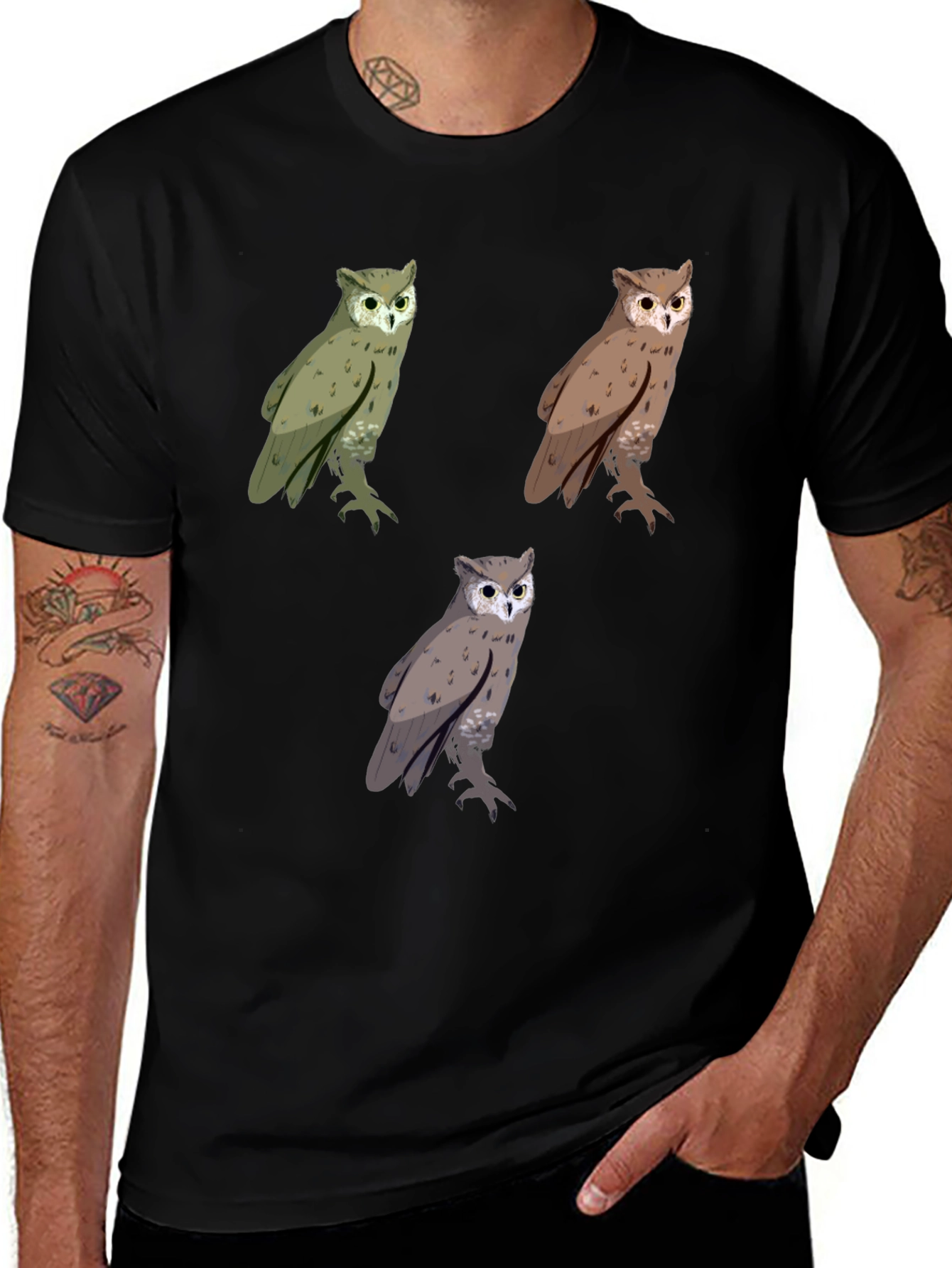 Variant 19 of Owl Trio Graphic Tee - Men's Black T-Shirt
