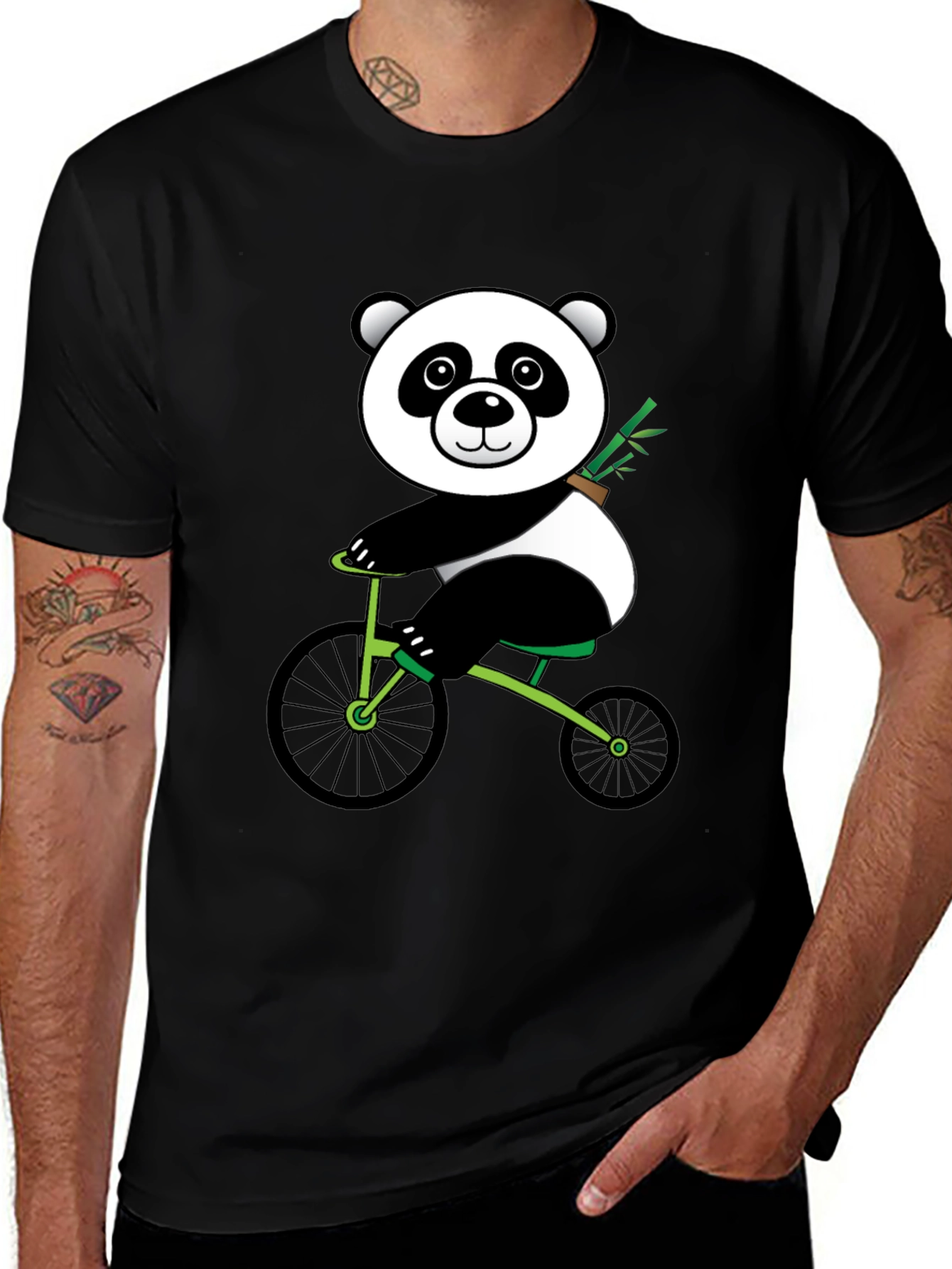Black Panda on Bike Graphic Tee - Black Cotton T-Shirt main image