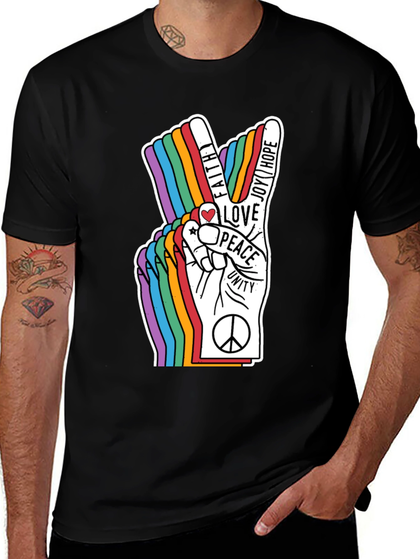 Black Peace Sign Rainbow Graphic T-Shirt main image