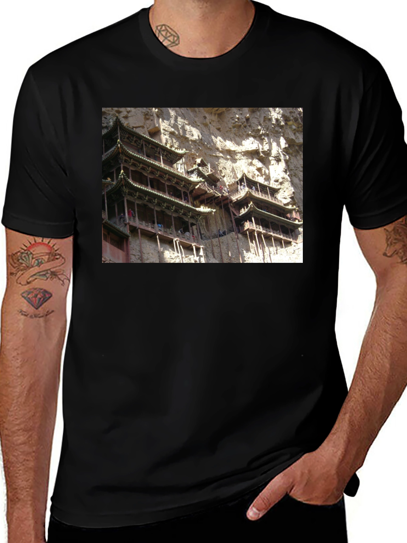 Variant 3 of Cliffside Temple T-Shirt - Unique Architecture Tee
