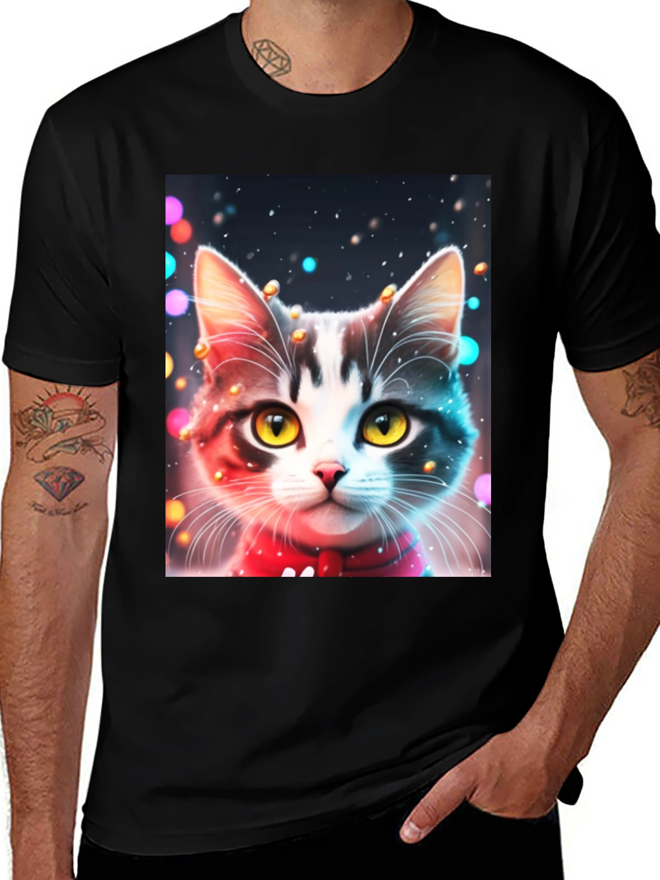 Variant 10 of Festive Cat T-Shirt - Black Crew Neck