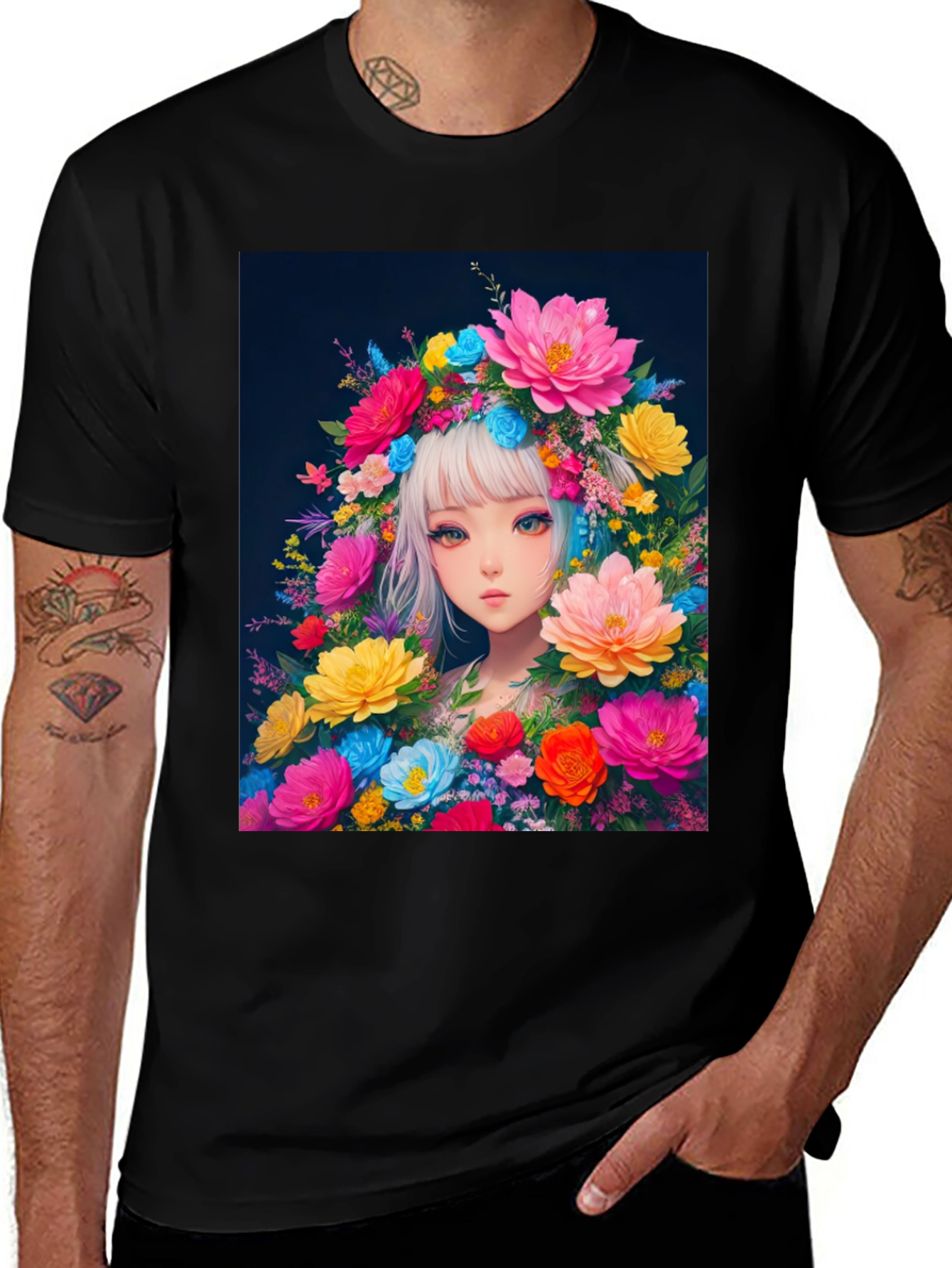 Black Floral Anime Girl Graphic Tee - Black Cotton T-Shirt main image