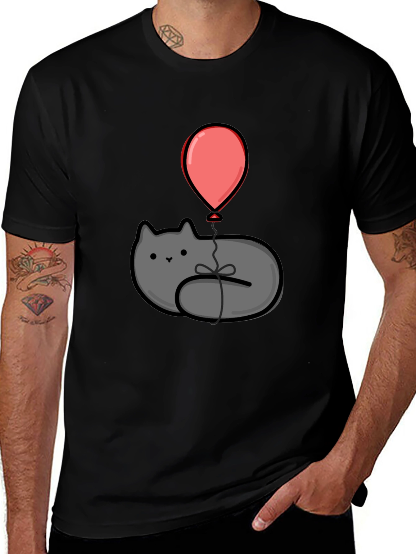 Cute Cat with Balloon Black T-Shirt