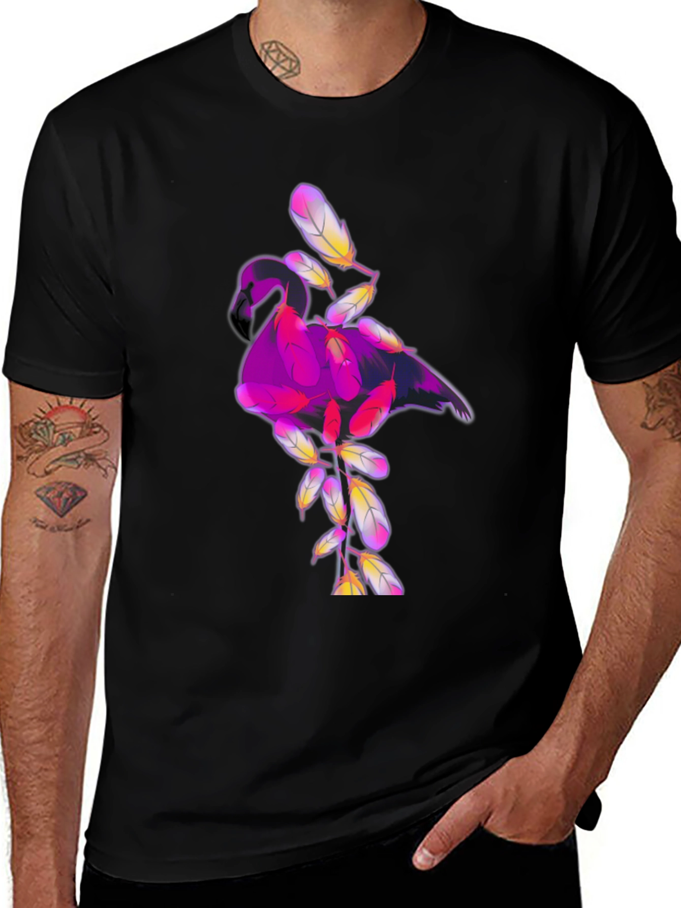 Variant 9 of Black Graphic Tee: Flamingo Feather Design