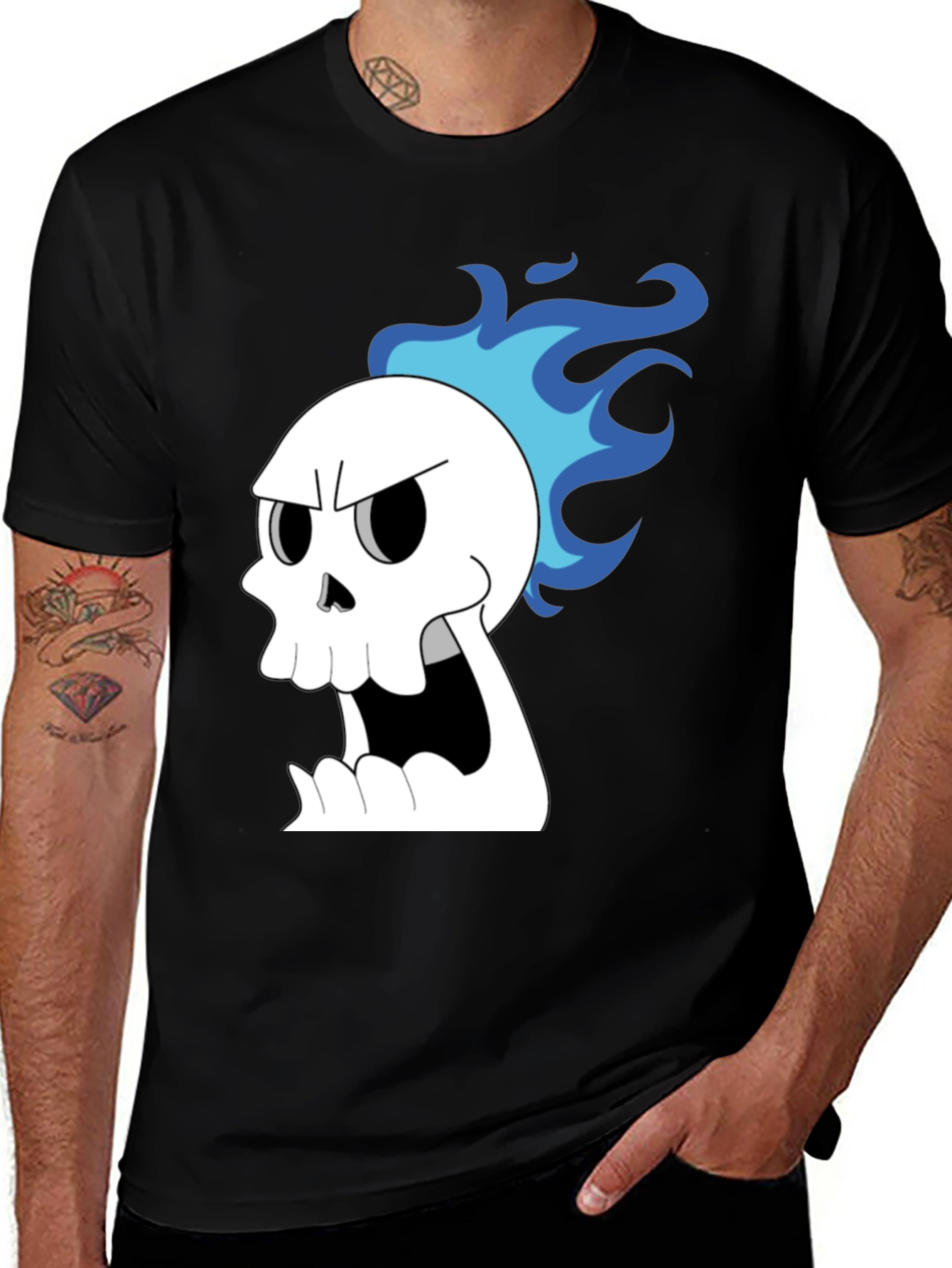 Variant 5 of Skull with Blue Flame Hair Graphic Tee - Black