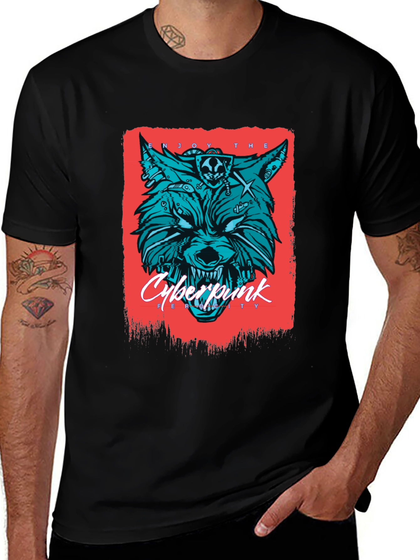 Variant 12 of Cyberpunk Wolf Graphic Print T-Shirt - Men's Fashion Tee