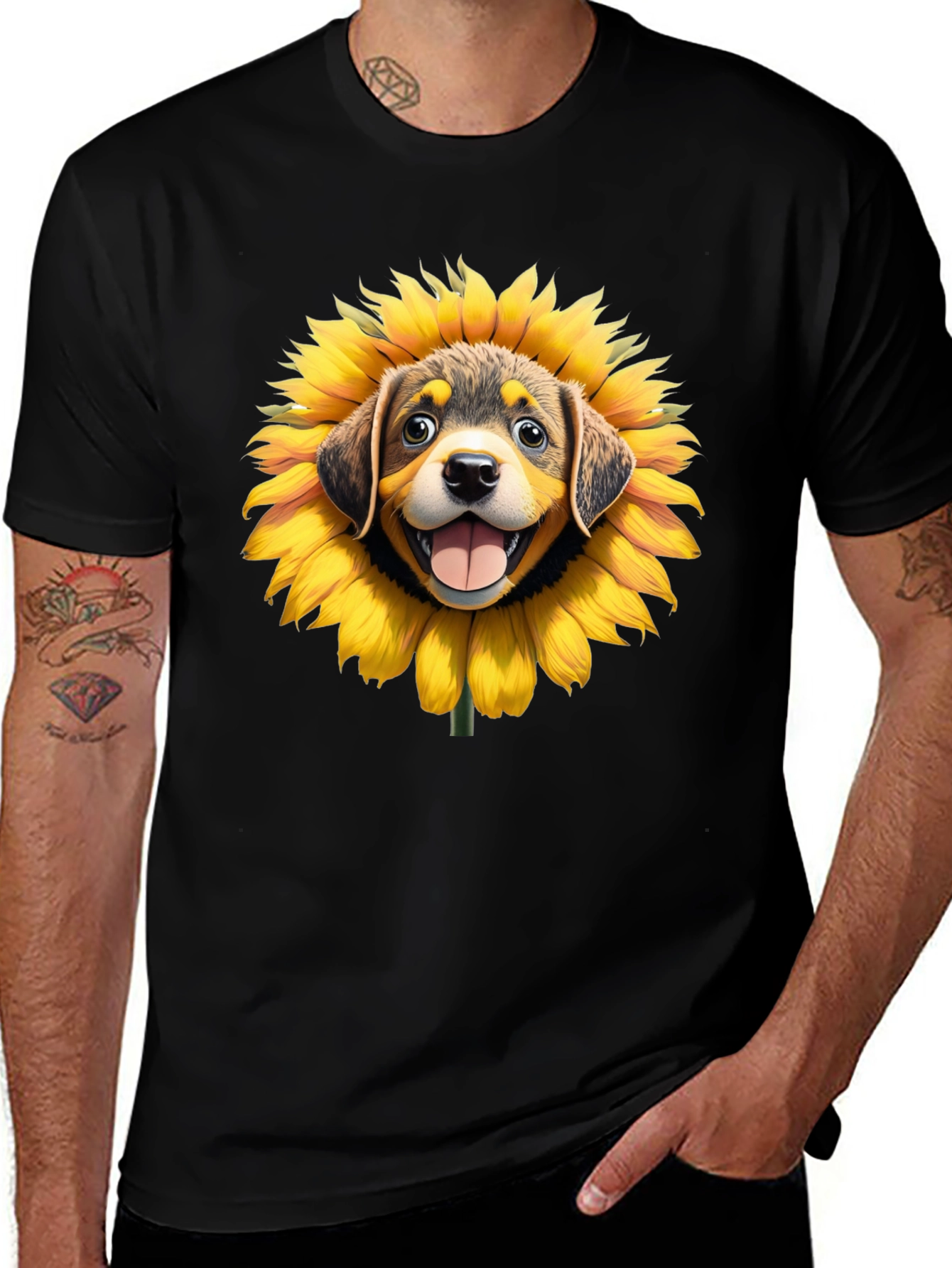Sunflower Puppy Graphic Black T-Shirt