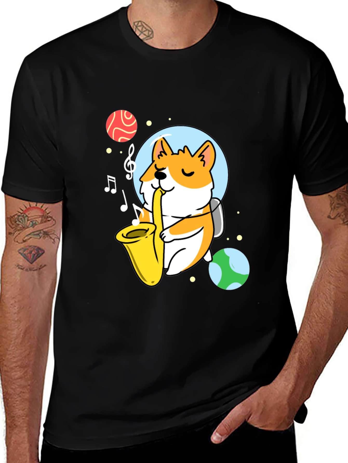 Variant 11 of Saxophone Dog T-Shirt - Musical Corgi in Space