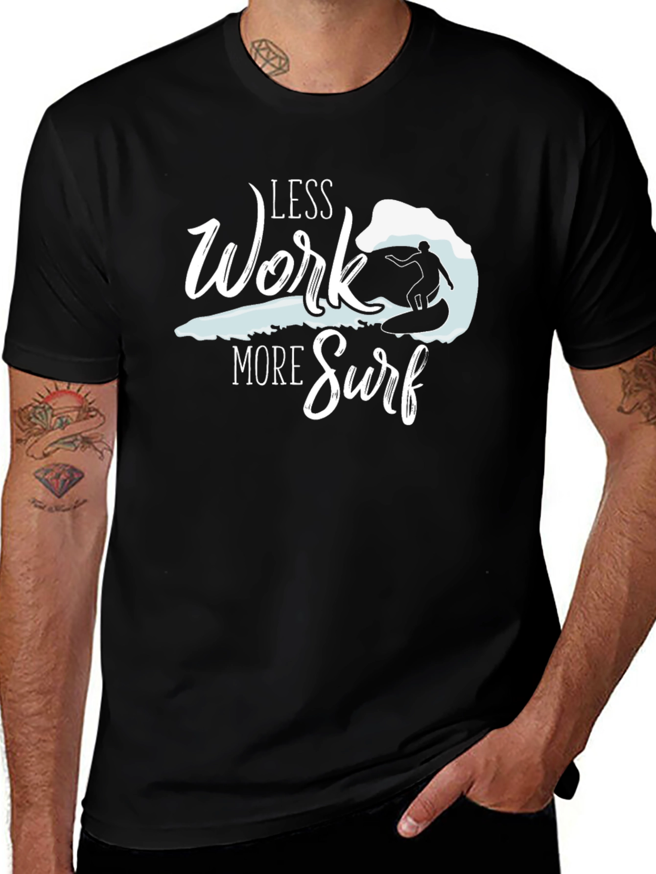 Variant 21 of Less Work More Surf Black Graphic Tee
