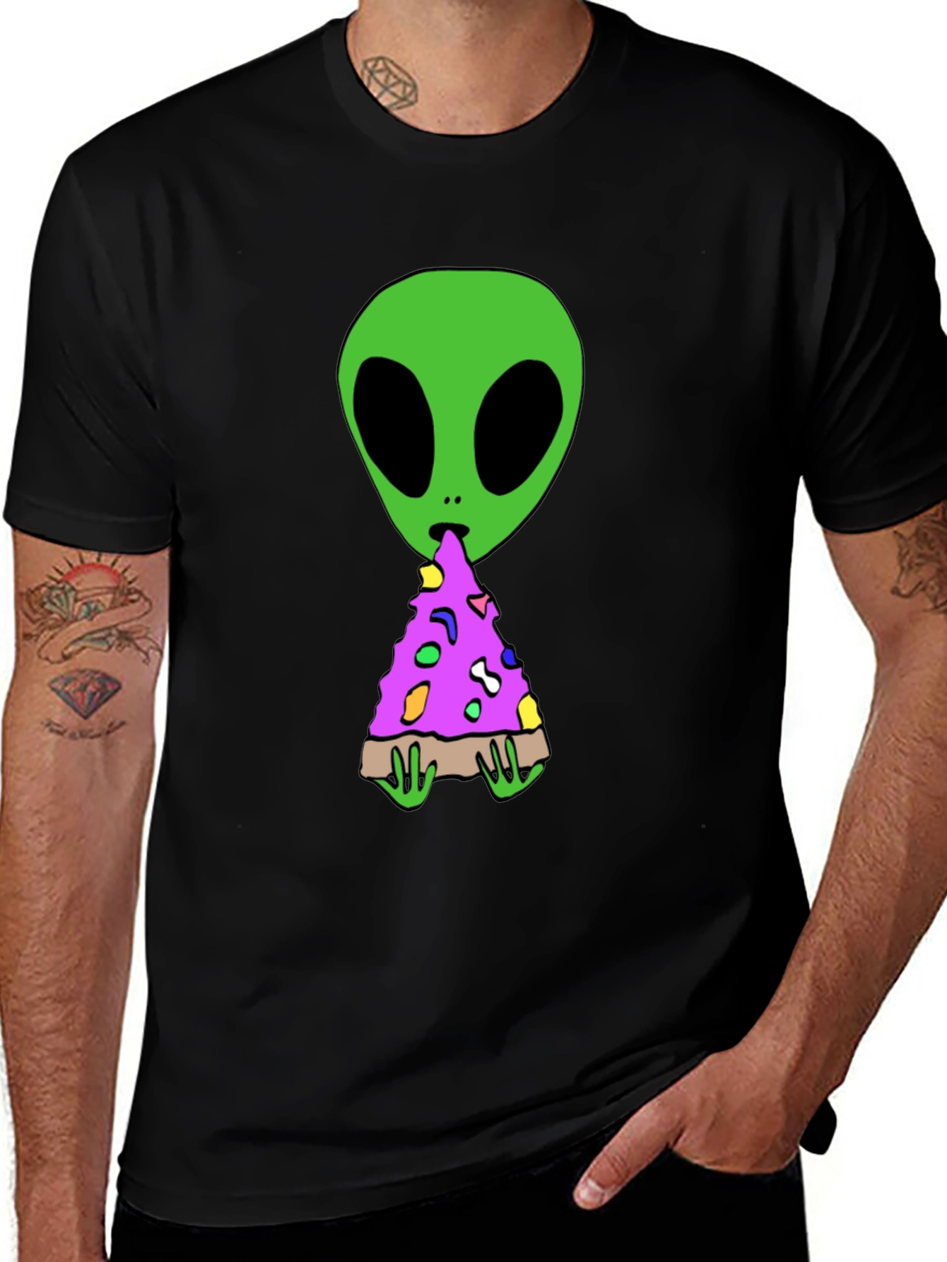 Variant 11 of Alien Pizza Graphic T-Shirt - Black Cotton Tee