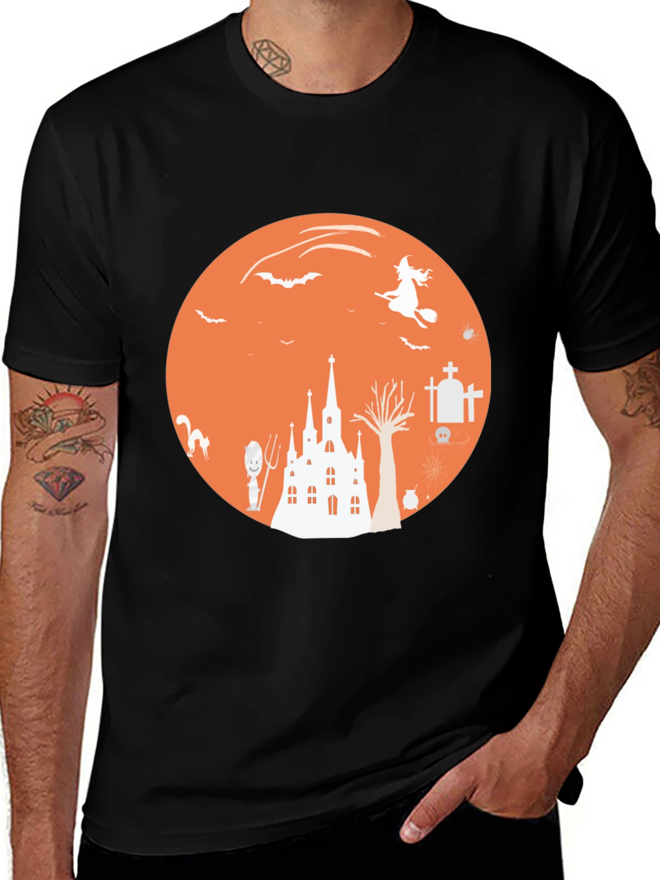 Halloween Graphic Tee, Witch & Castle T-Shirt