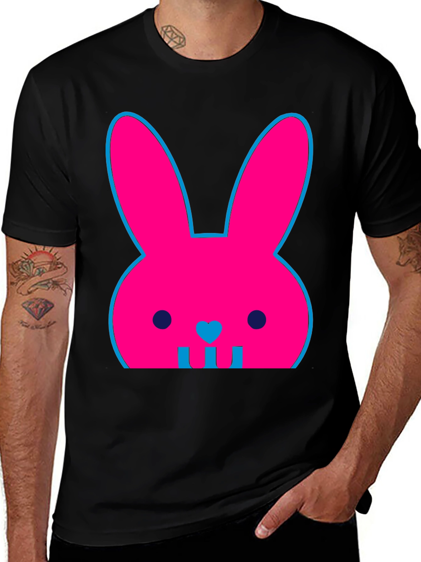 Pink Bunny Graphic Black T-Shirt
