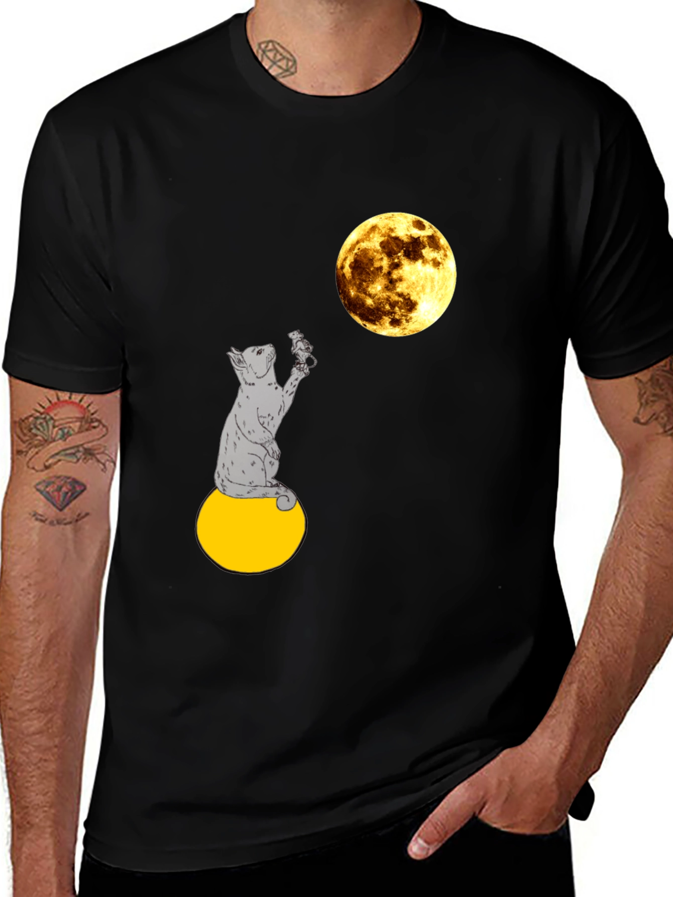 Variant 8 of Cat & Moon Graphic Tee - Men's Black T-Shirt