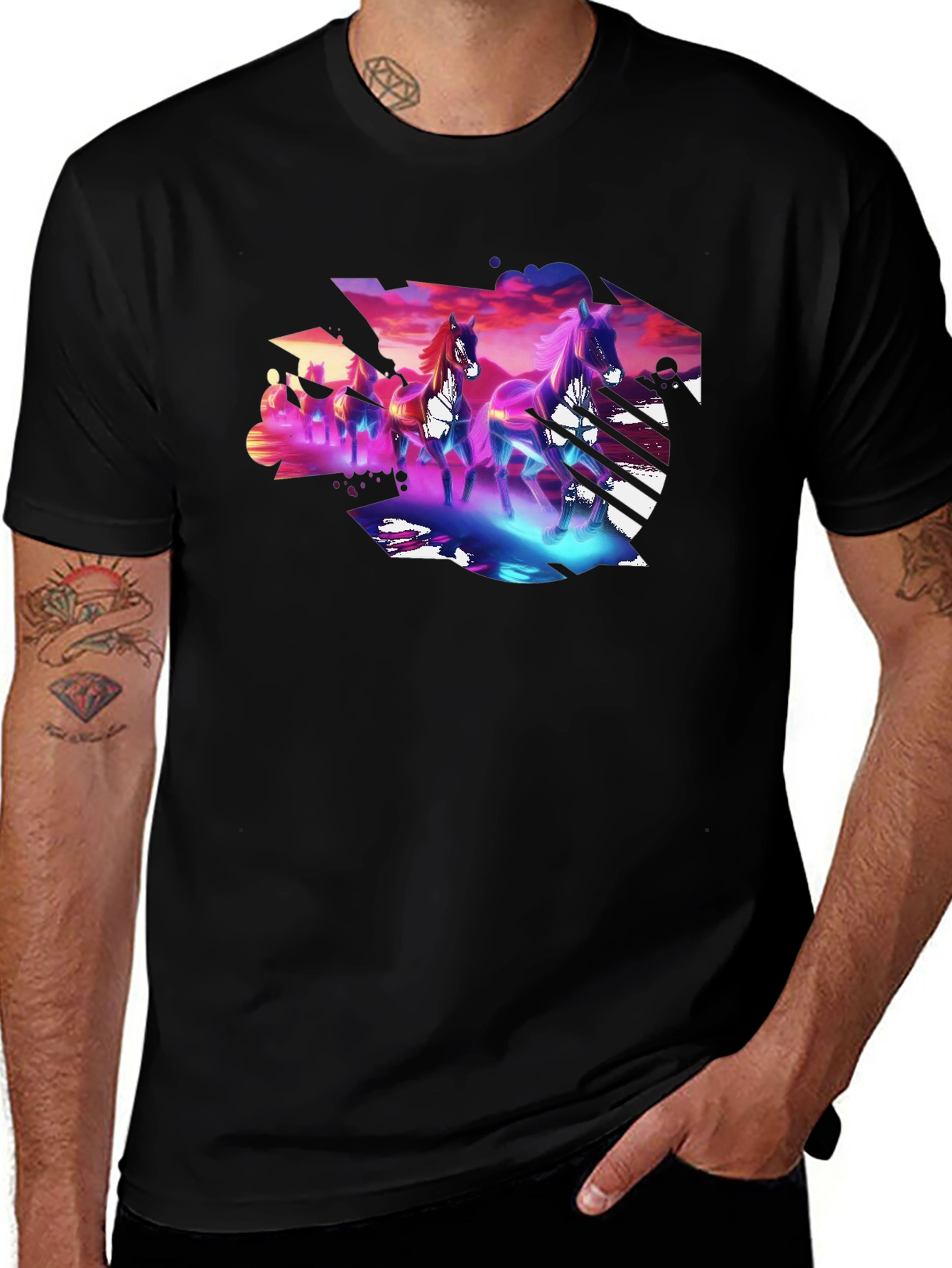 Variant 4 of Neon Horses Graphic Tee - Men's Black T-Shirt