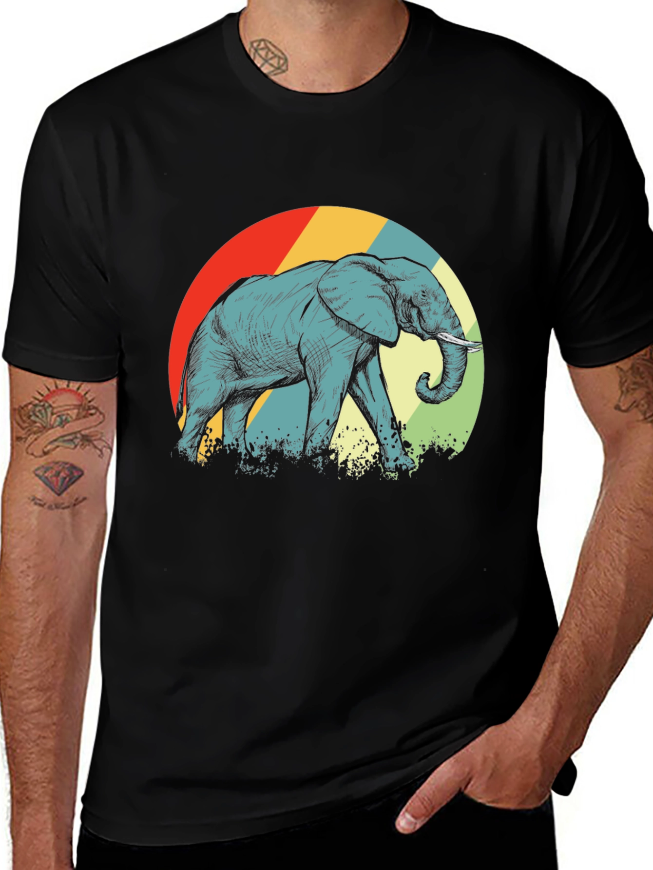 Variant 7 of Retro Elephant Graphic T-Shirt - Black Crew Neck Tee